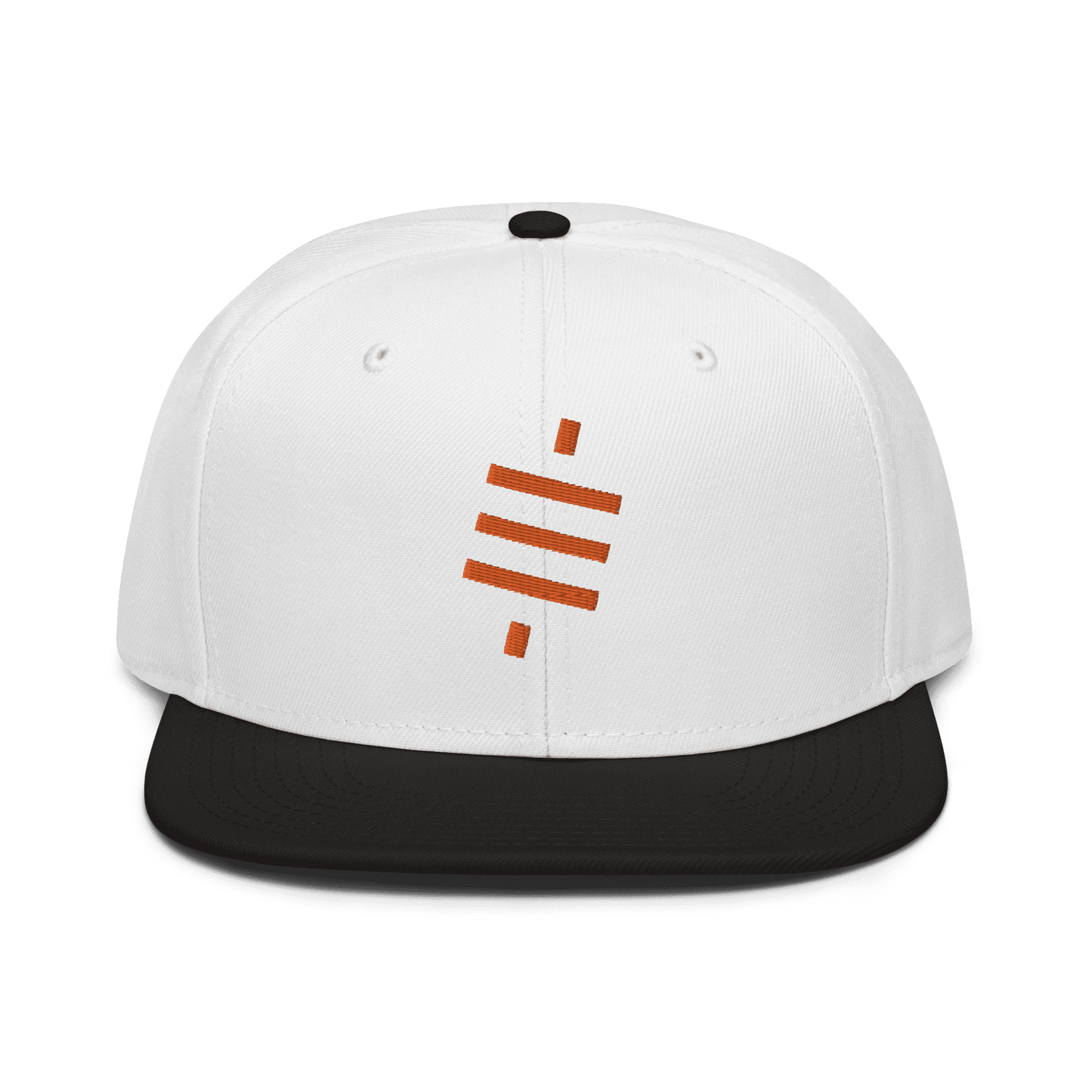 Front view of a white and black bitcoin snapback hat.