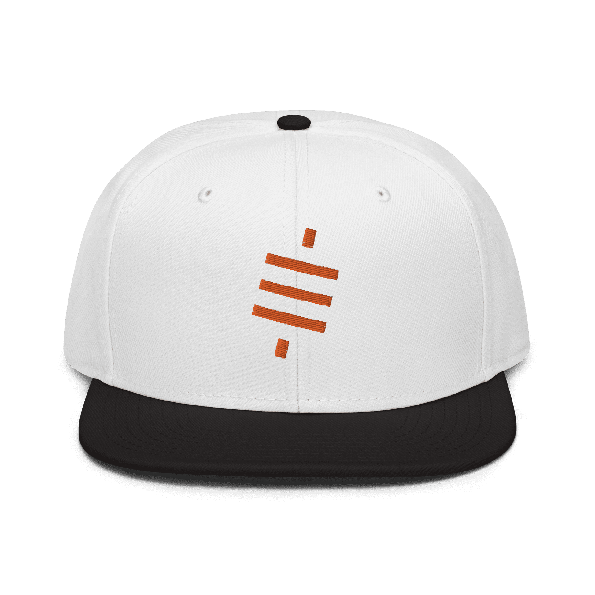 Front view of a white and black bitcoin snapback hat.