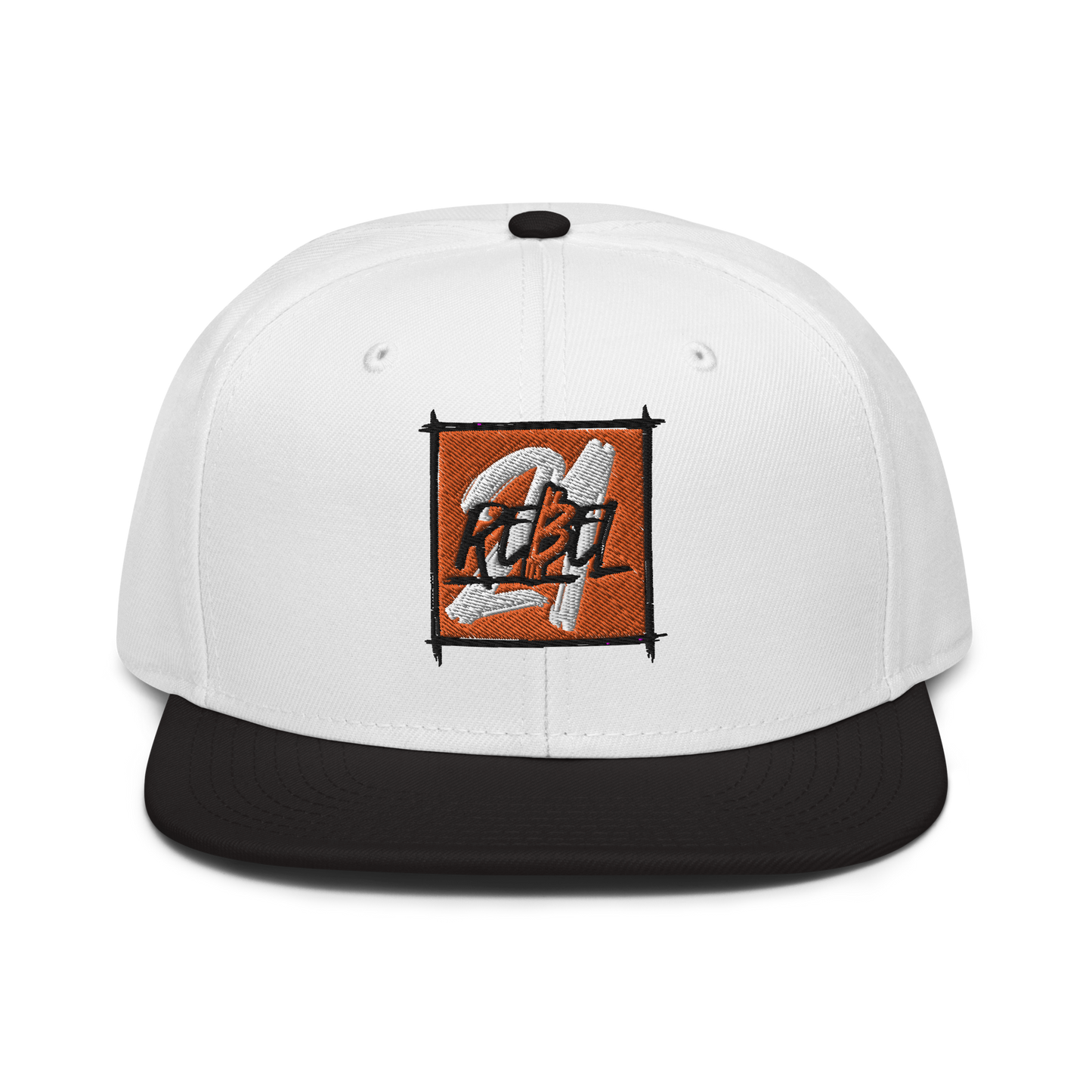 Front view of a white and black bitcoin snapback hat.