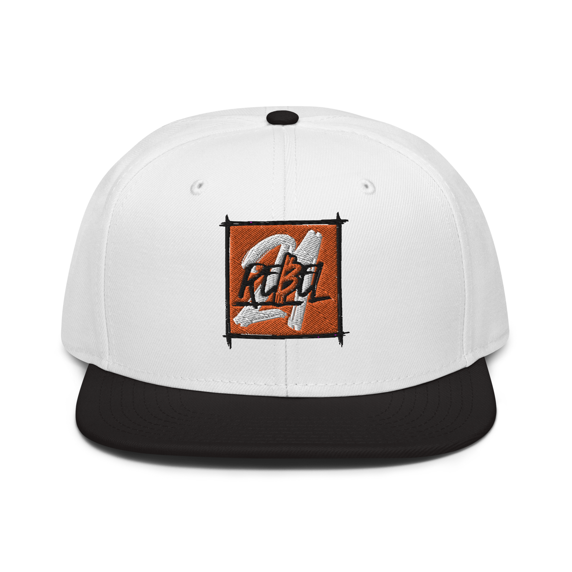 Front view of a white and black bitcoin snapback hat.