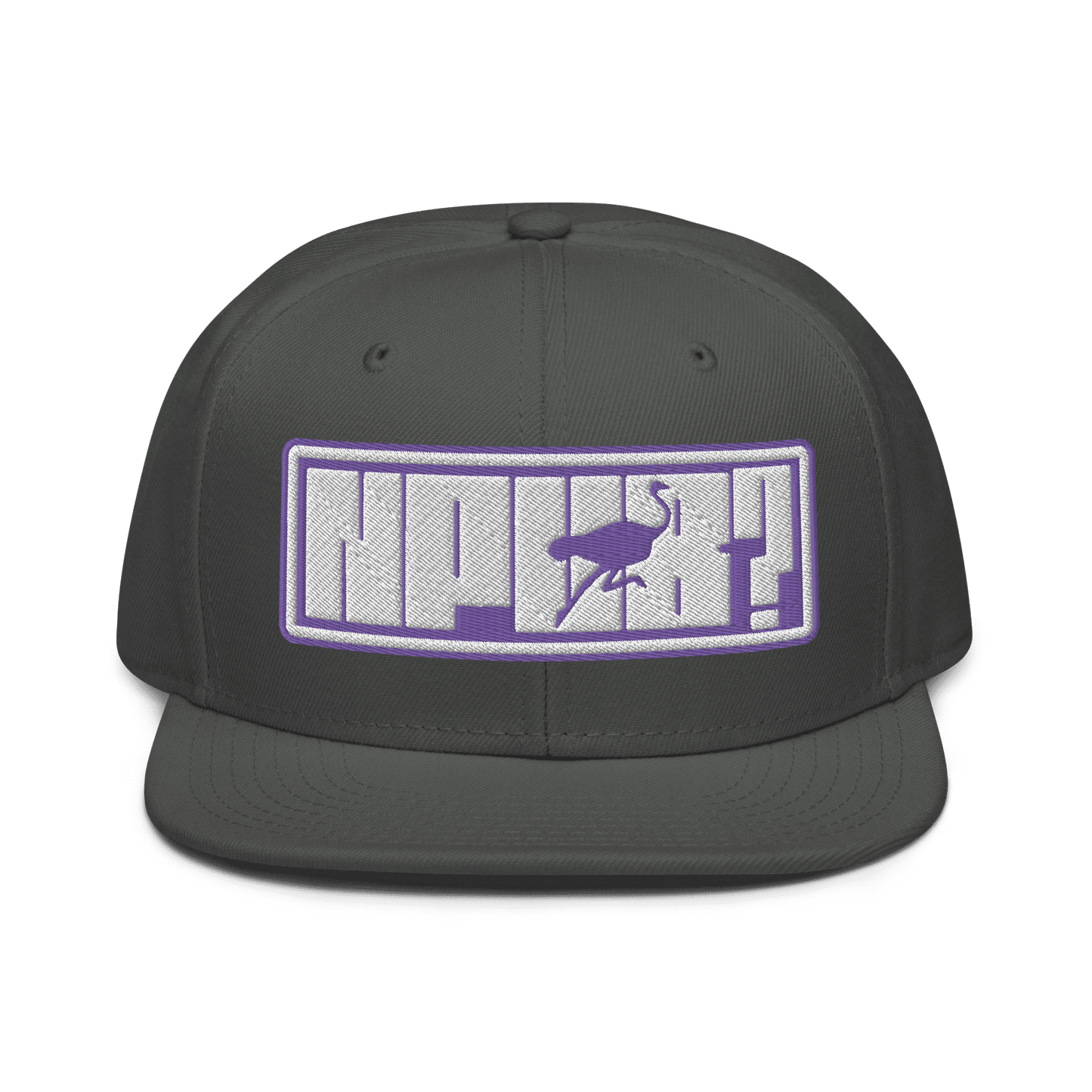 Front view of a charcoal grey nostr snapback hat.