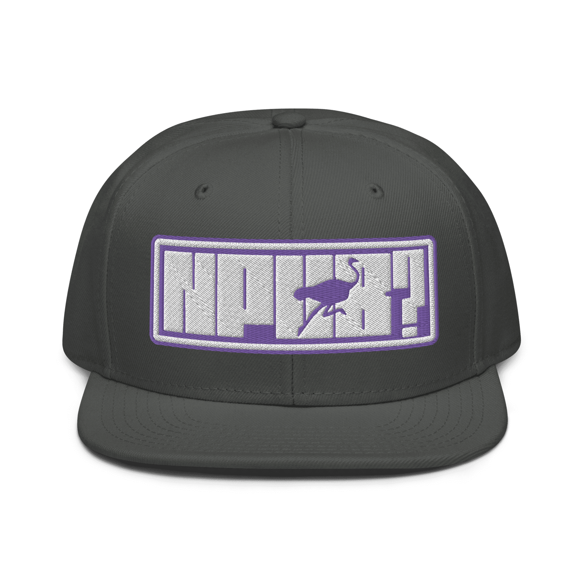 Front view of a charcoal grey nostr snapback hat.