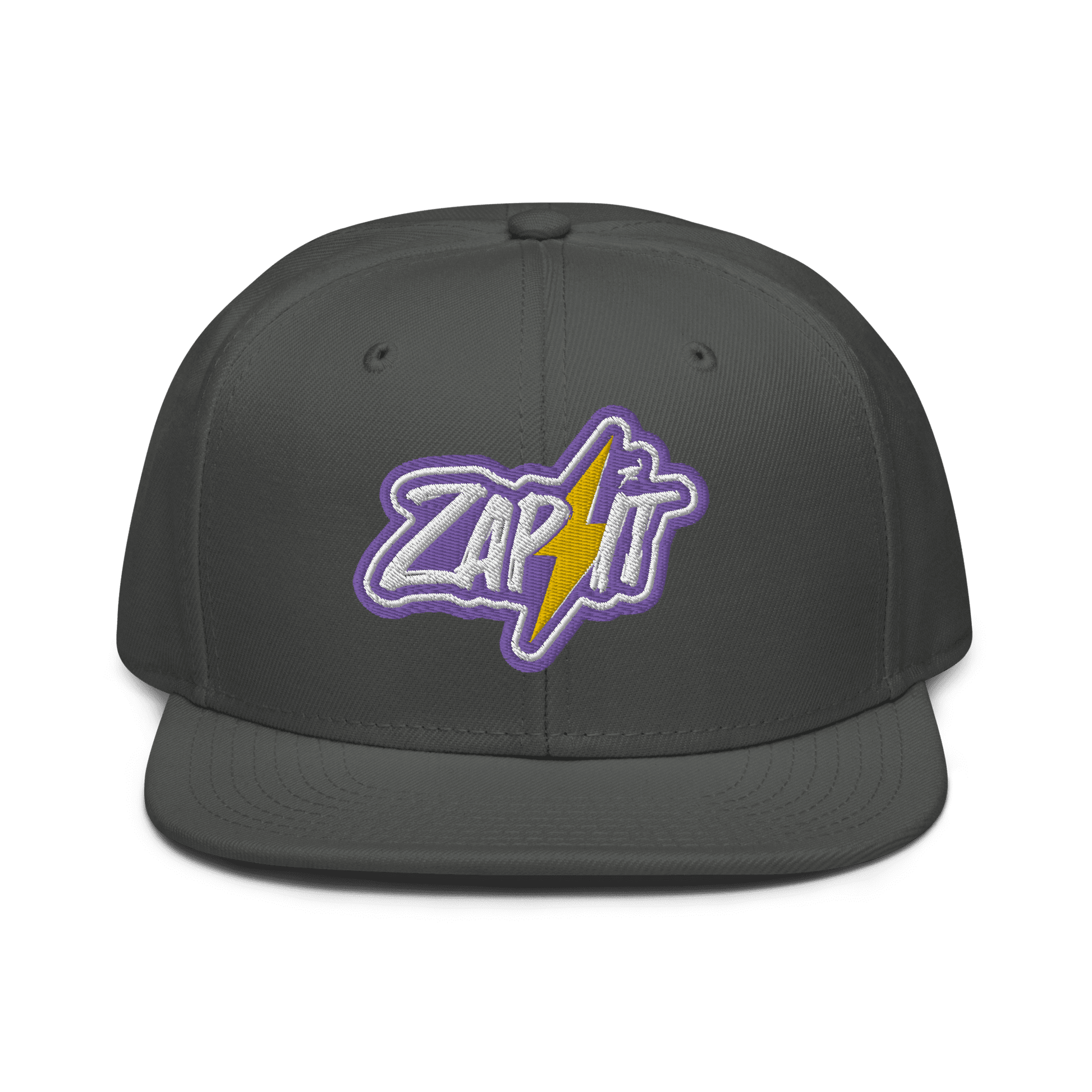 Front view of a charcoal grey nostr snapback hat.