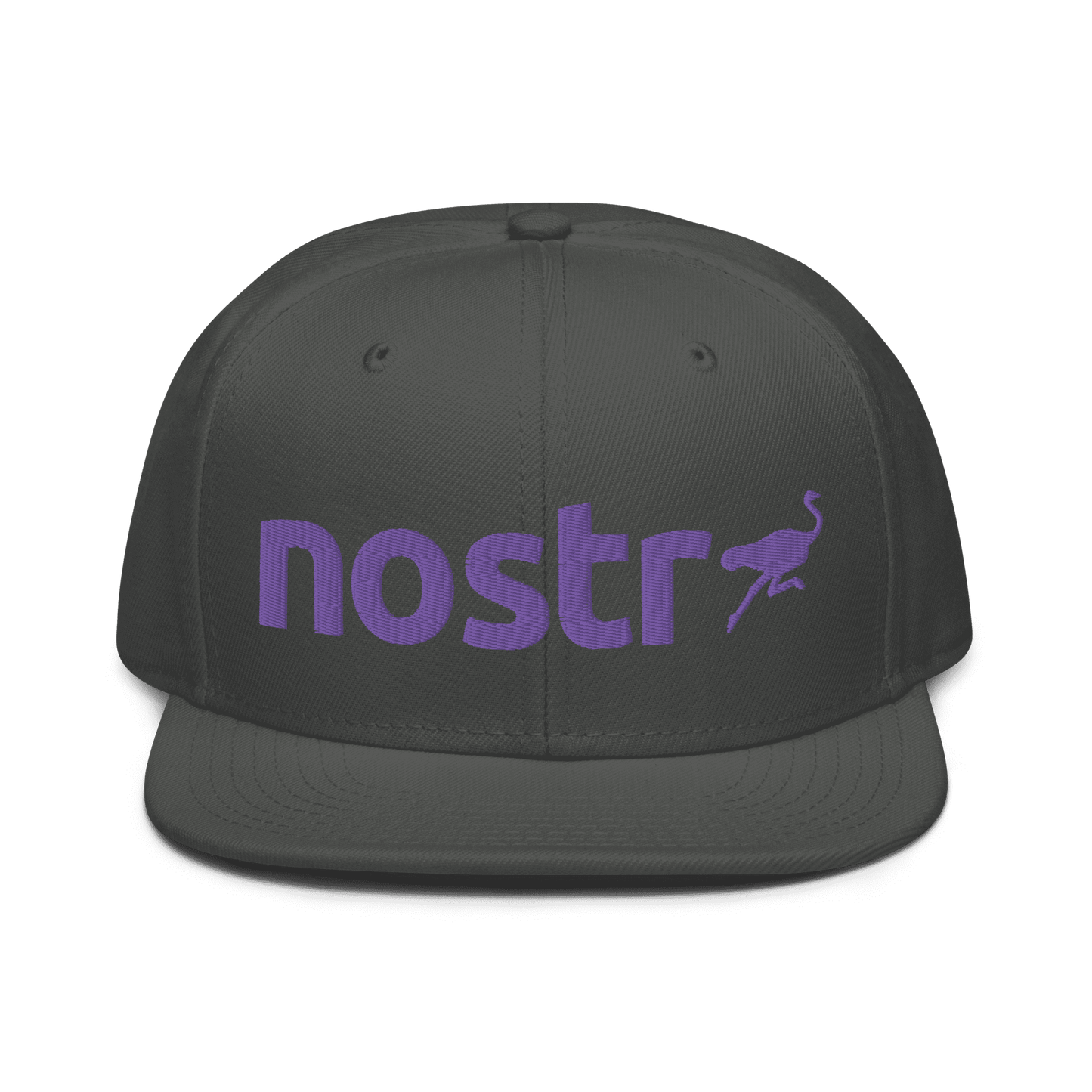 Front view of a charcoal grey nostr snapback hat.