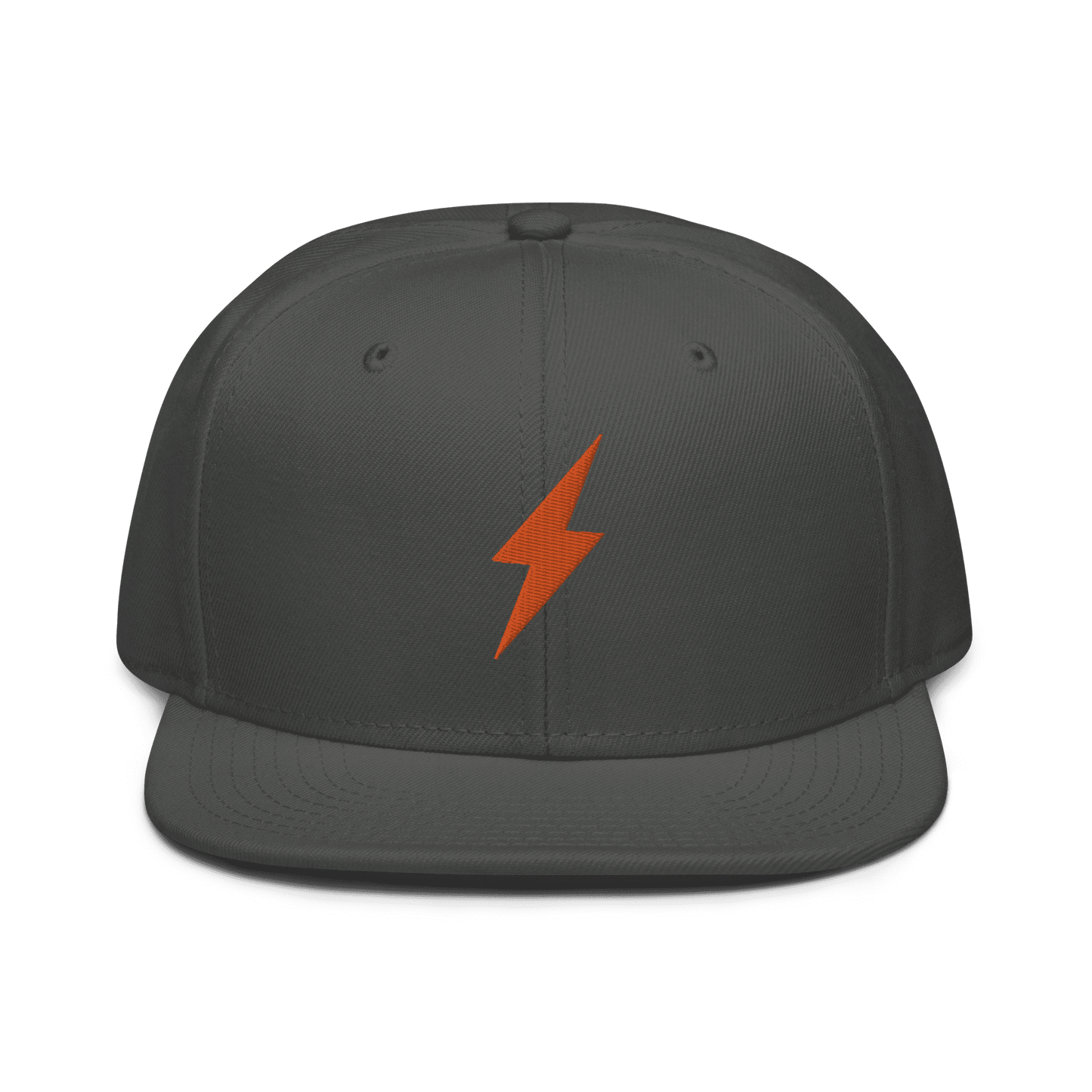 Front view of a charcoal grey bitcoin snapback hat.