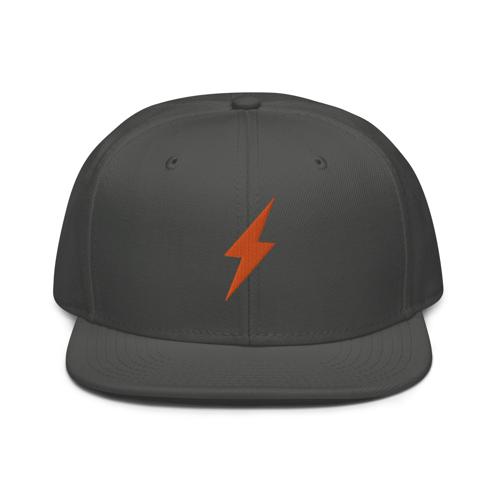 Front view of a charcoal grey bitcoin snapback hat.