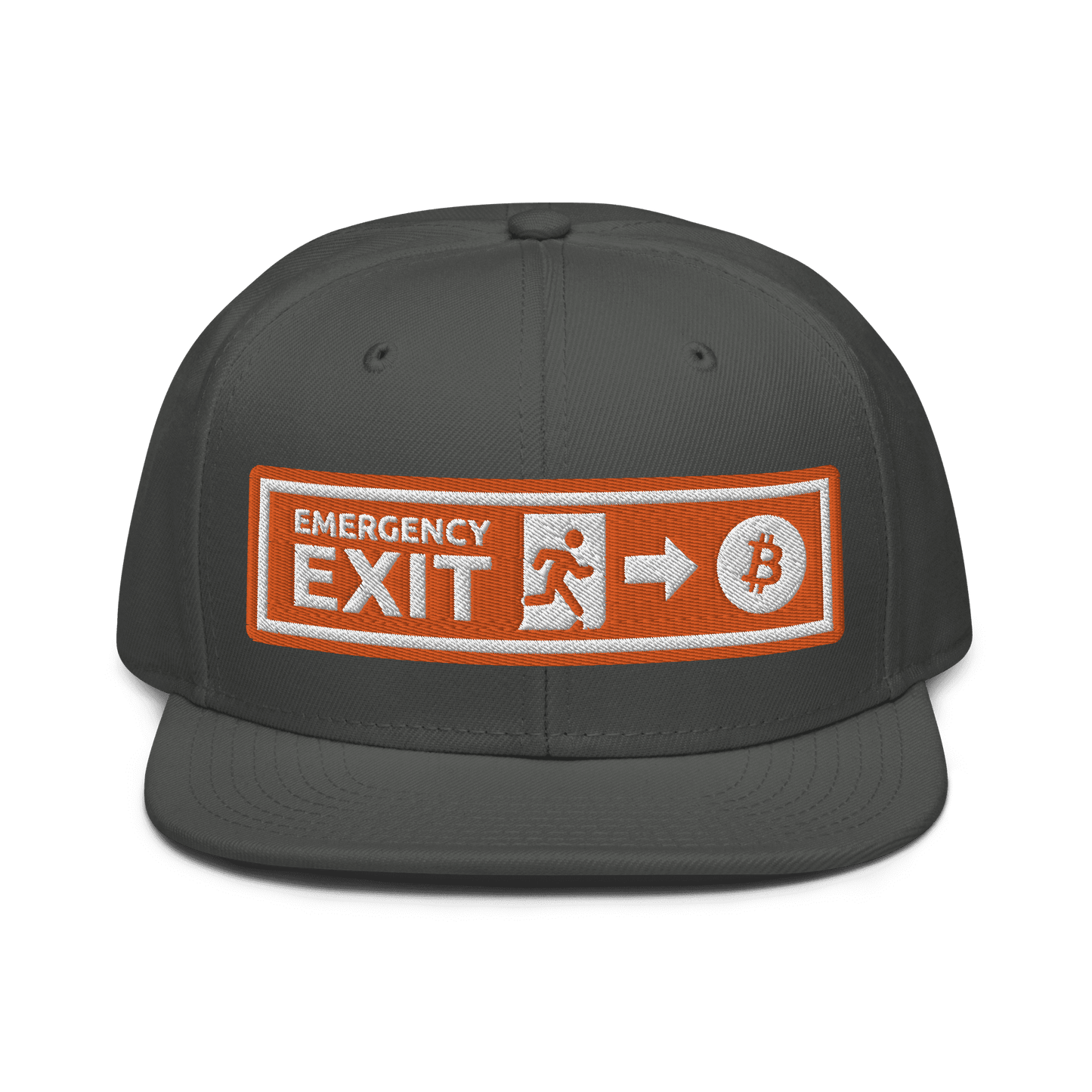 Front view of a charcoal grey bitcoin snapback hat.