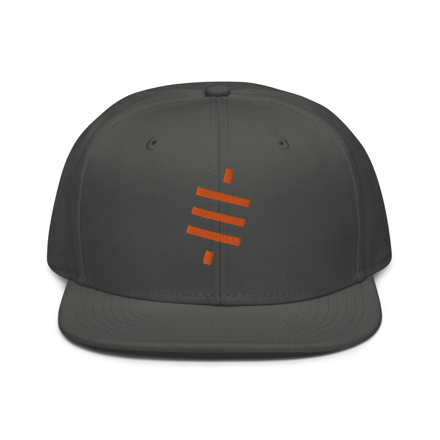 Front view of a charcoal grey bitcoin snapback hat.