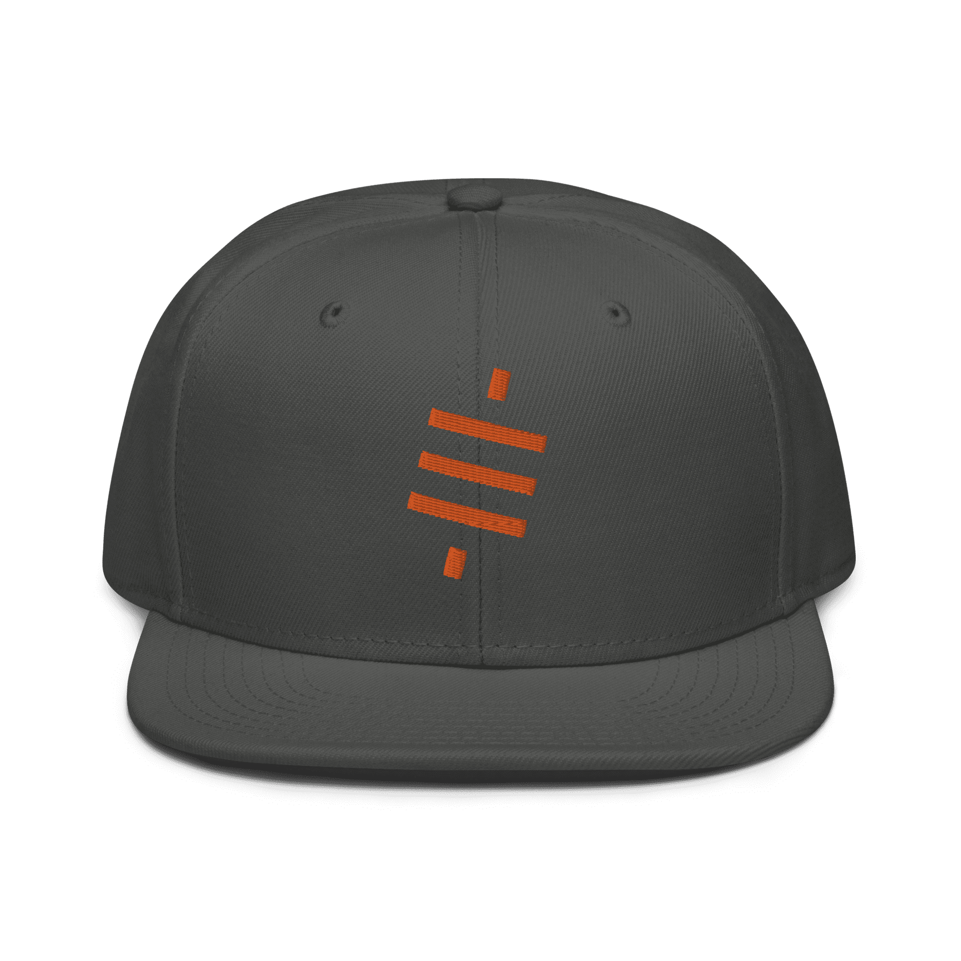 Front view of a charcoal grey bitcoin snapback hat.