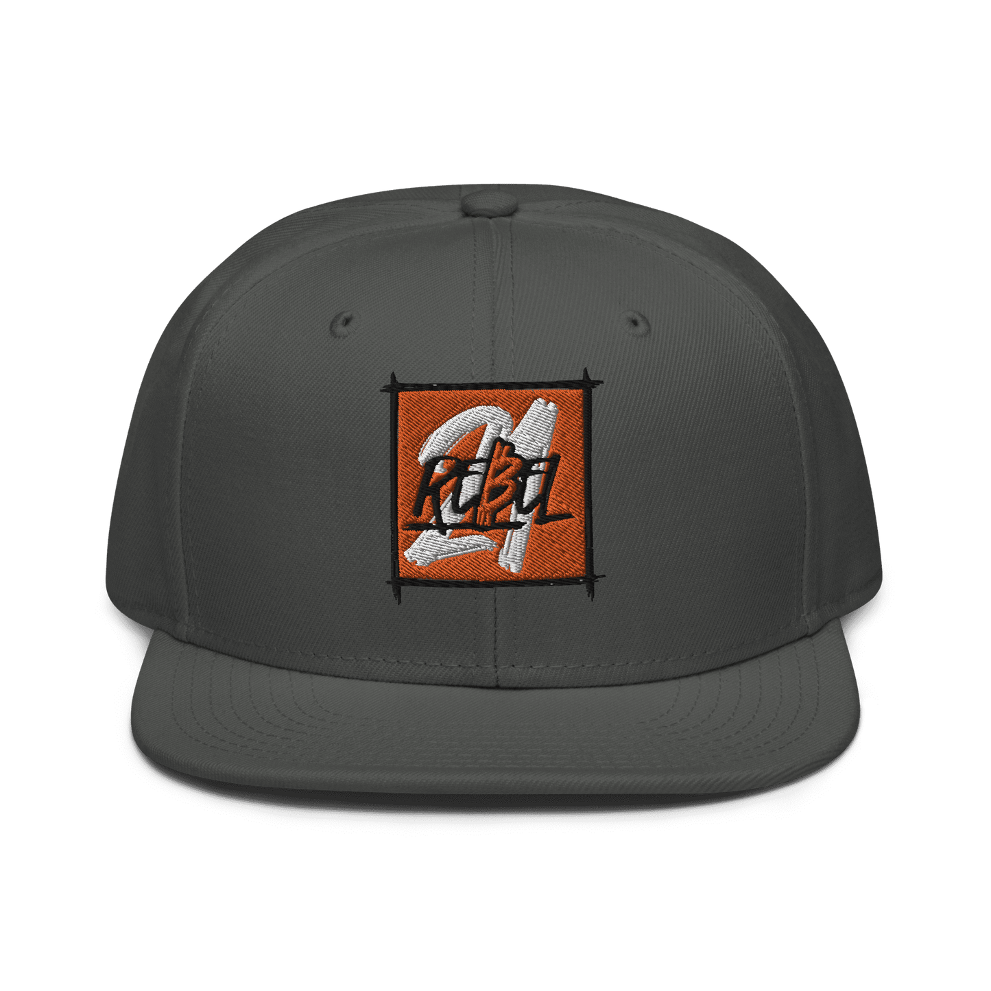 Front view of a charcoal grey bitcoin snapback hat.