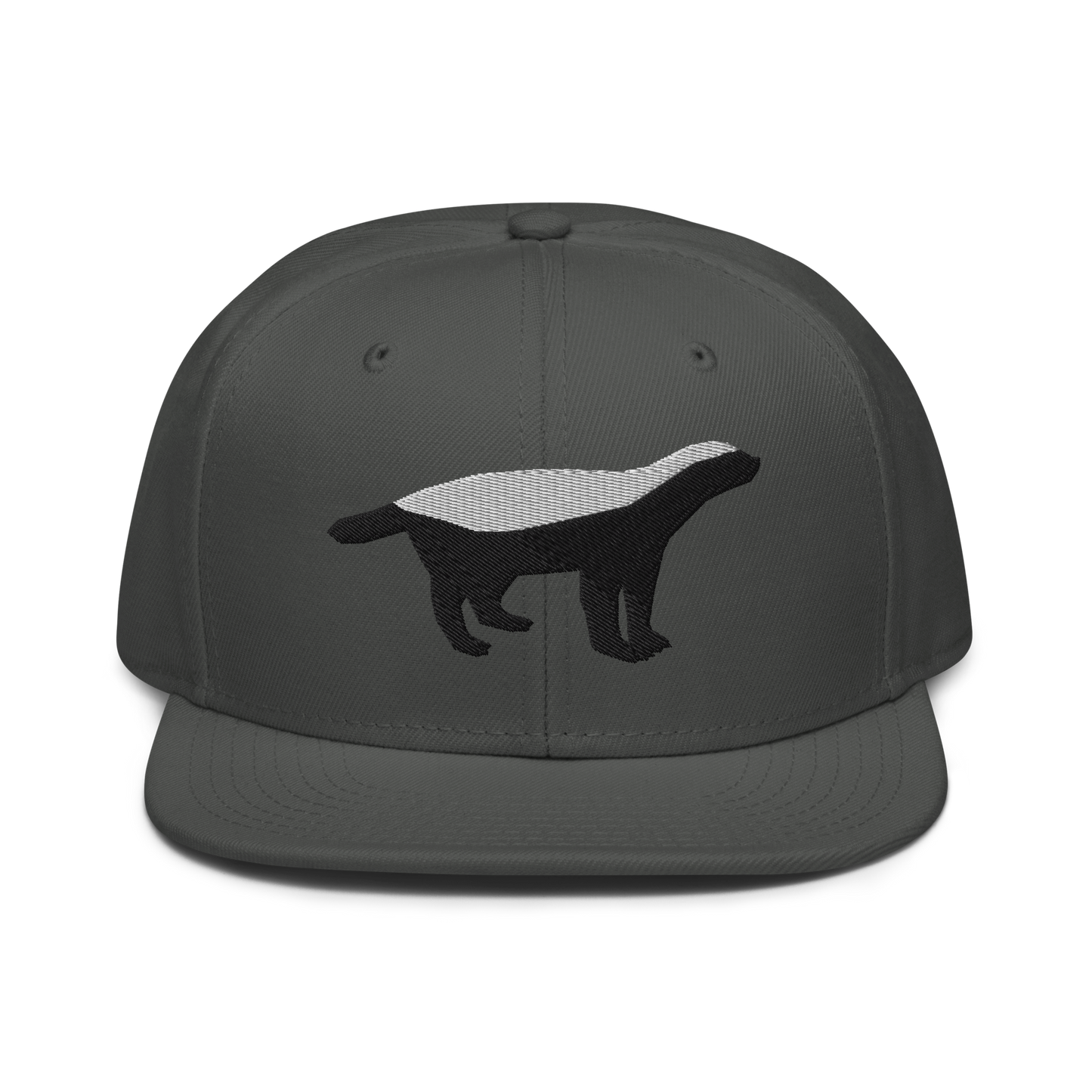 Front view of a charcoal grey bitcoin snapback hat.