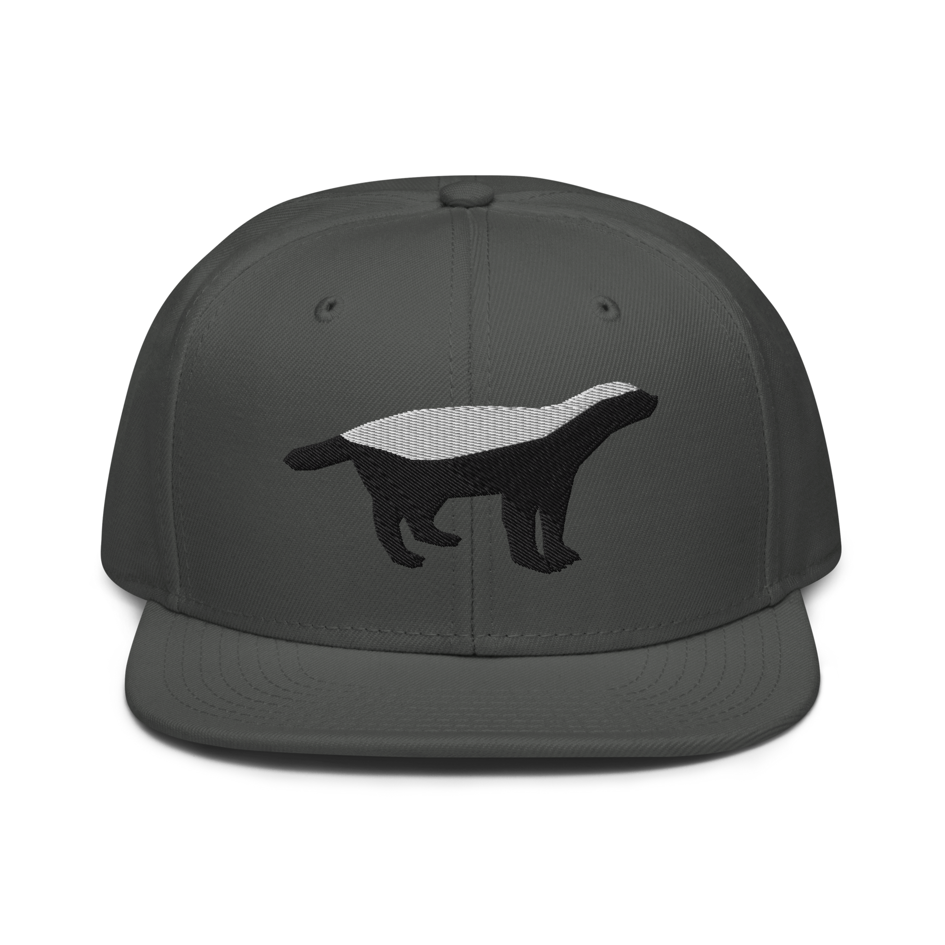 Front view of a charcoal grey bitcoin snapback hat.