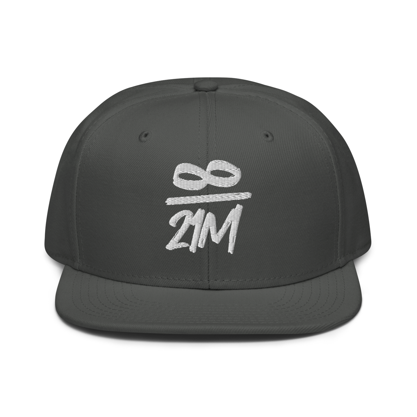 Front view of a charcoal grey bitcoin snapback hat.