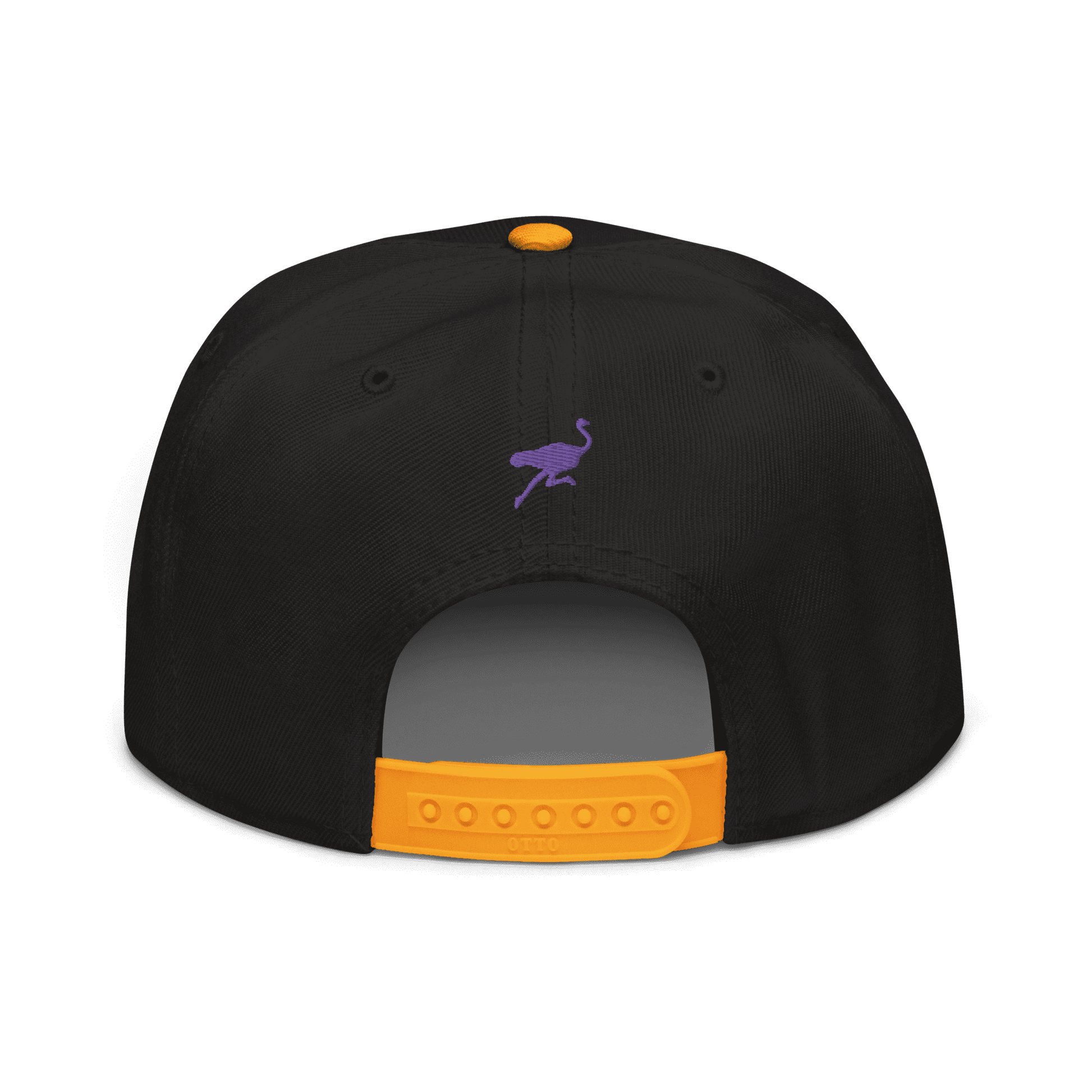 Back view of a black and yellow nostr snapback hat.