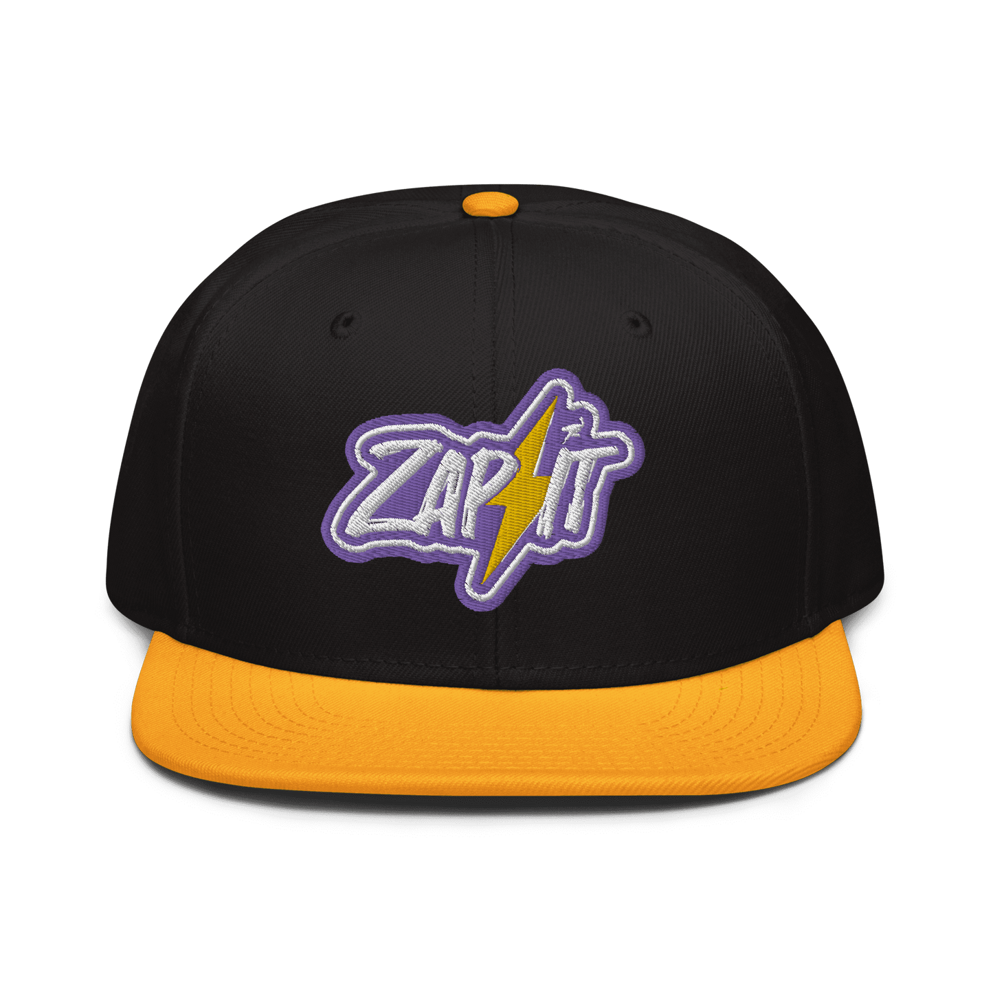 Front view of a black and yellow  nostr snapback hat.