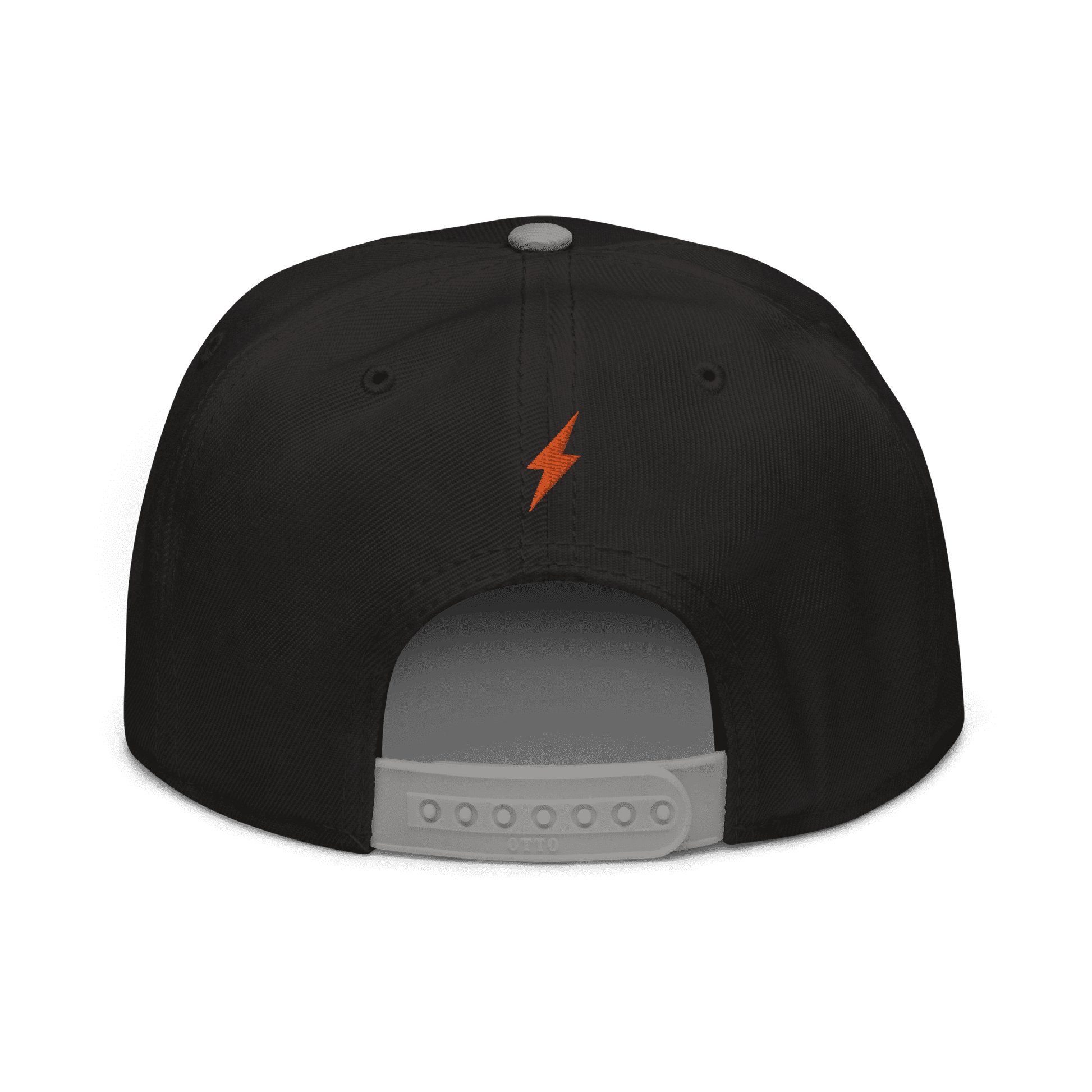 Back view of a black and grey bitcoin snapback hat.