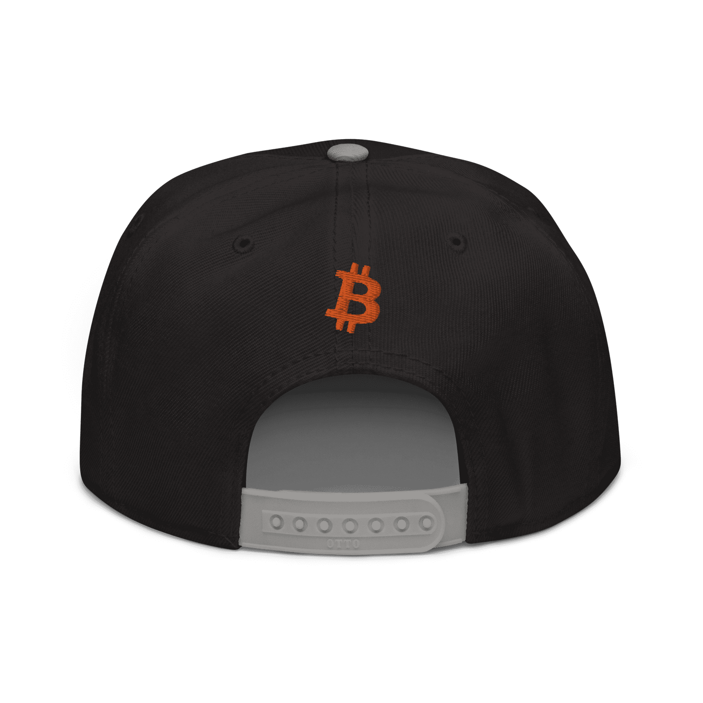 Back view of a black and grey bitcoin snapback hat.