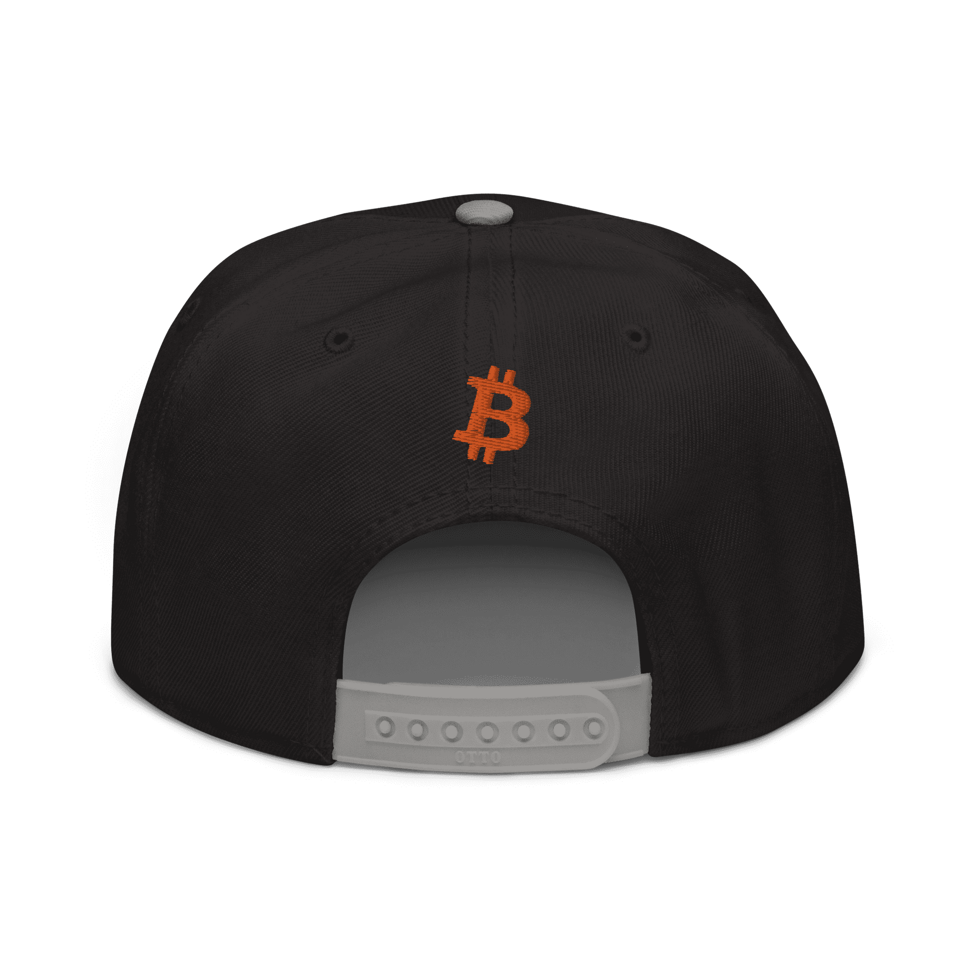 Back view of a black and grey bitcoin snapback hat.