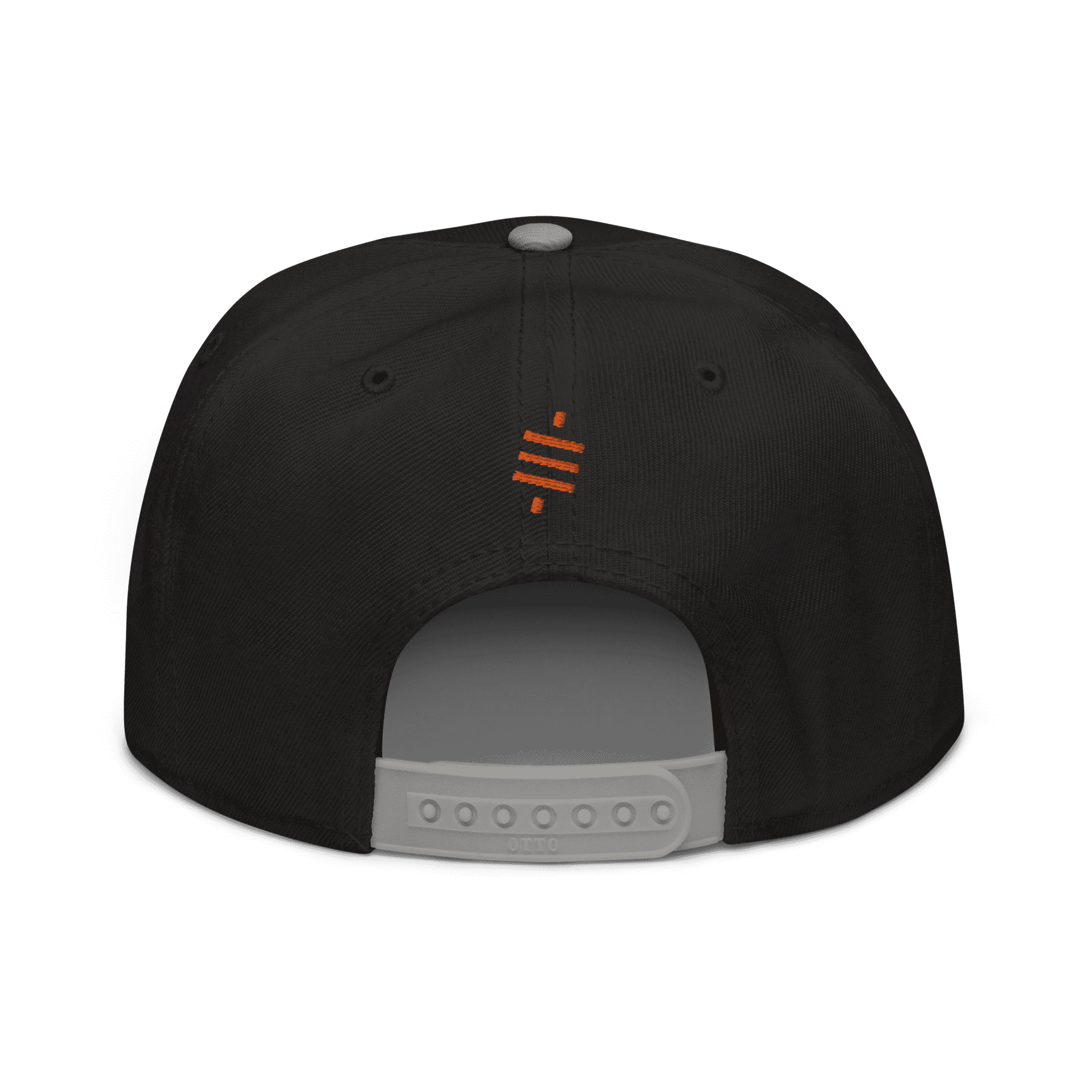 Back view of a black and grey bitcoin snapback hat.