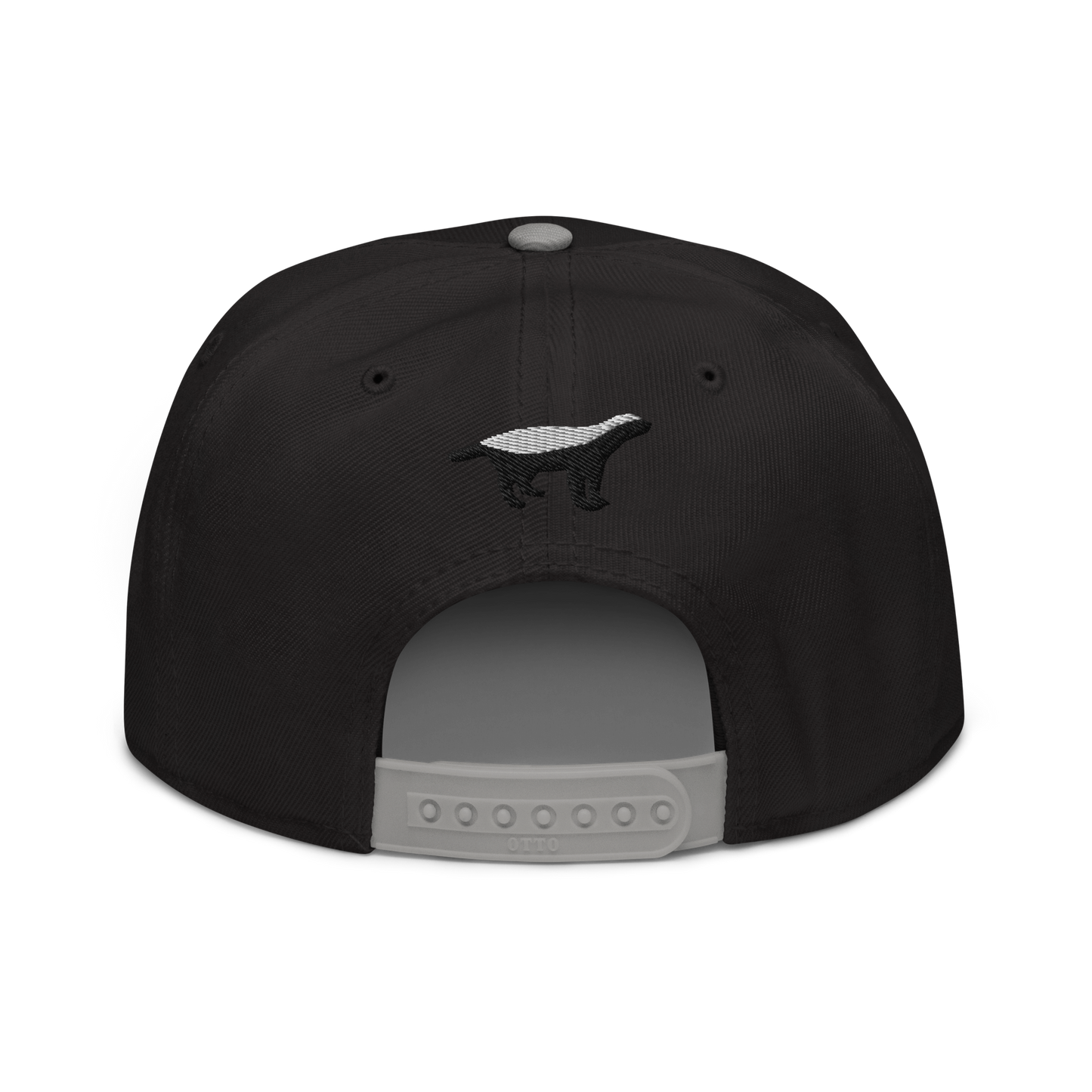 Back view of a black and grey bitcoin snapback hat.