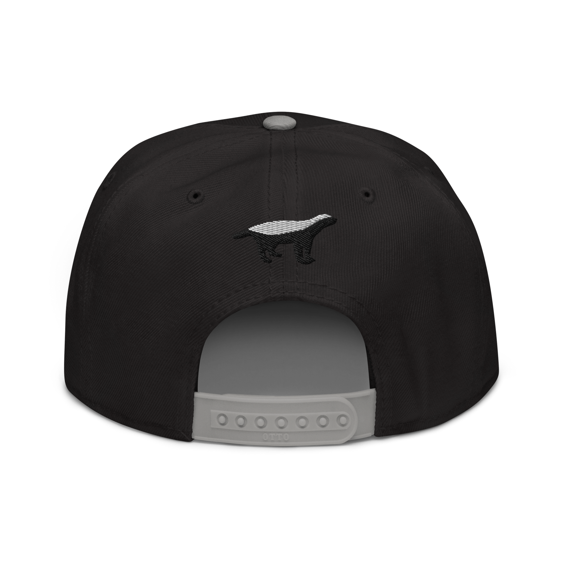 Back view of a black and grey bitcoin snapback hat.