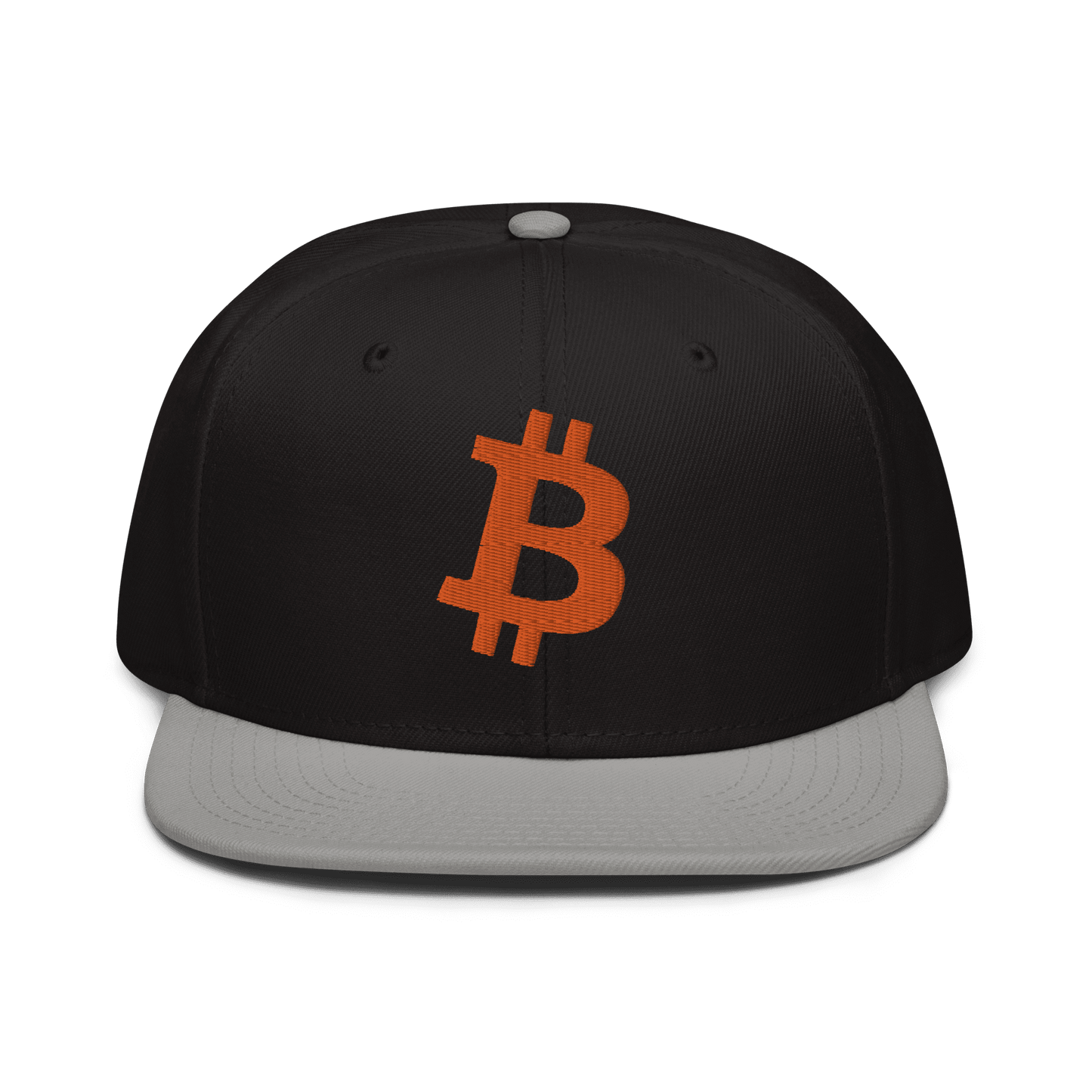 Front view of a black and grey bitcoin snapback hat.