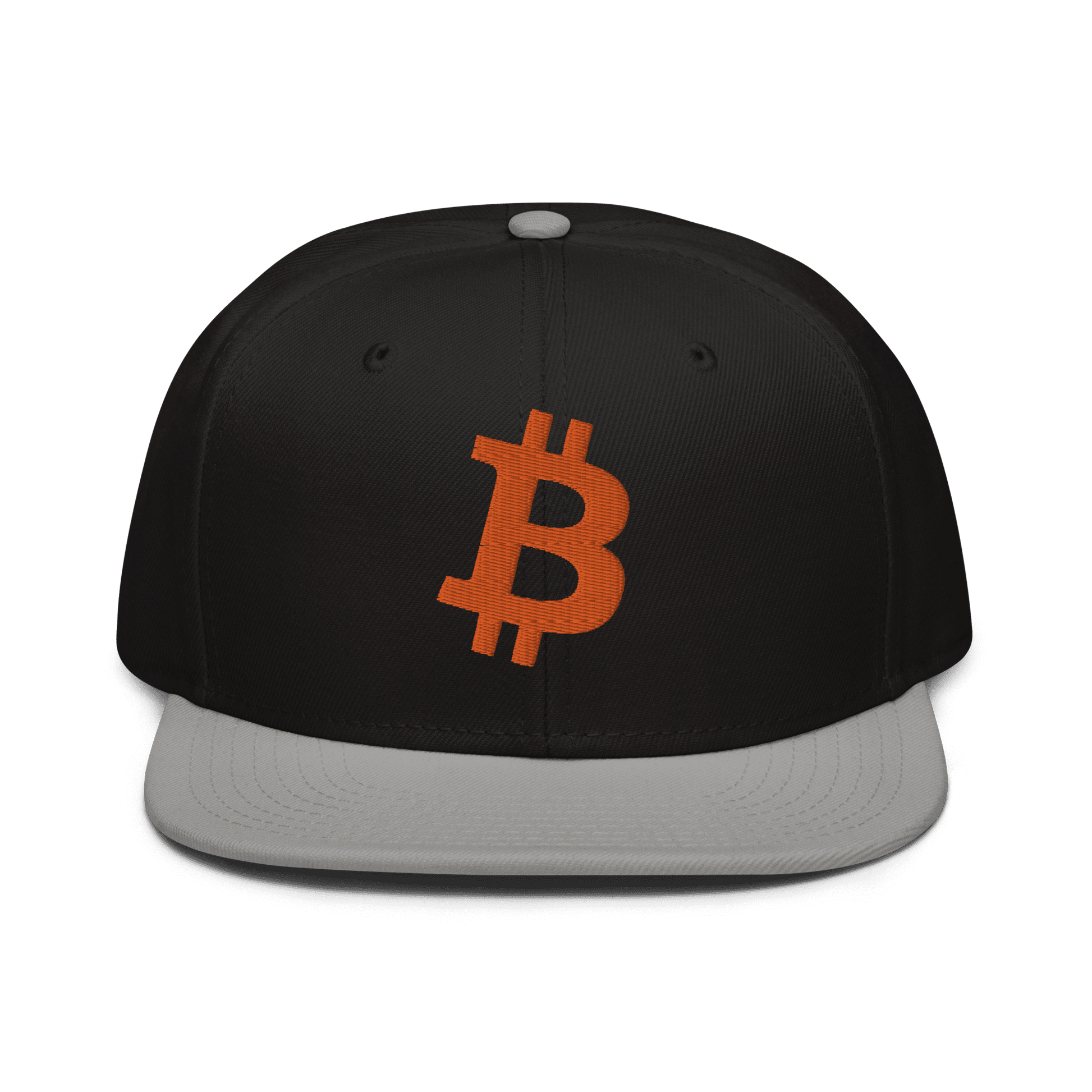 Front view of a black and grey bitcoin snapback hat.