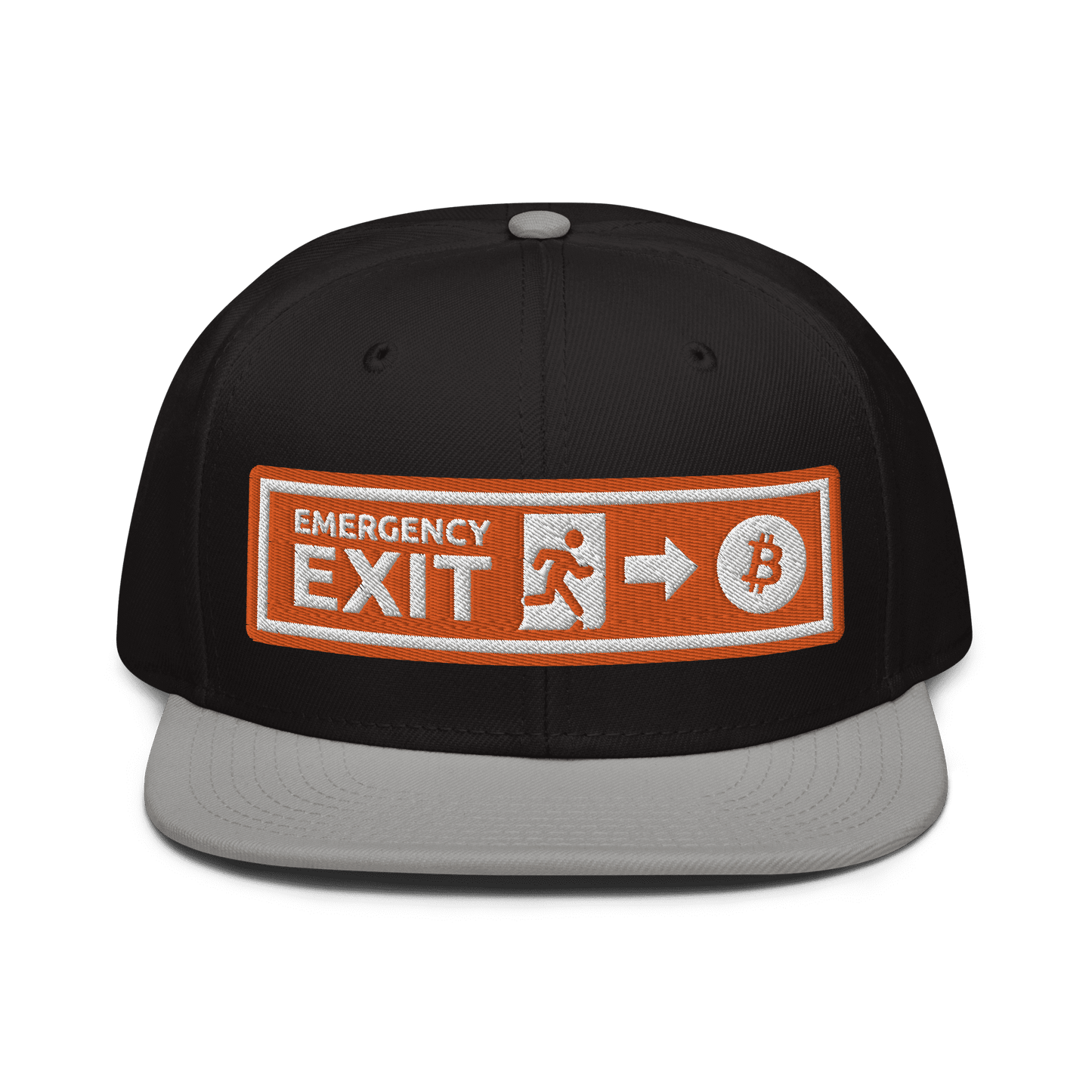 Front view of a black and grey bitcoin snapback hat.