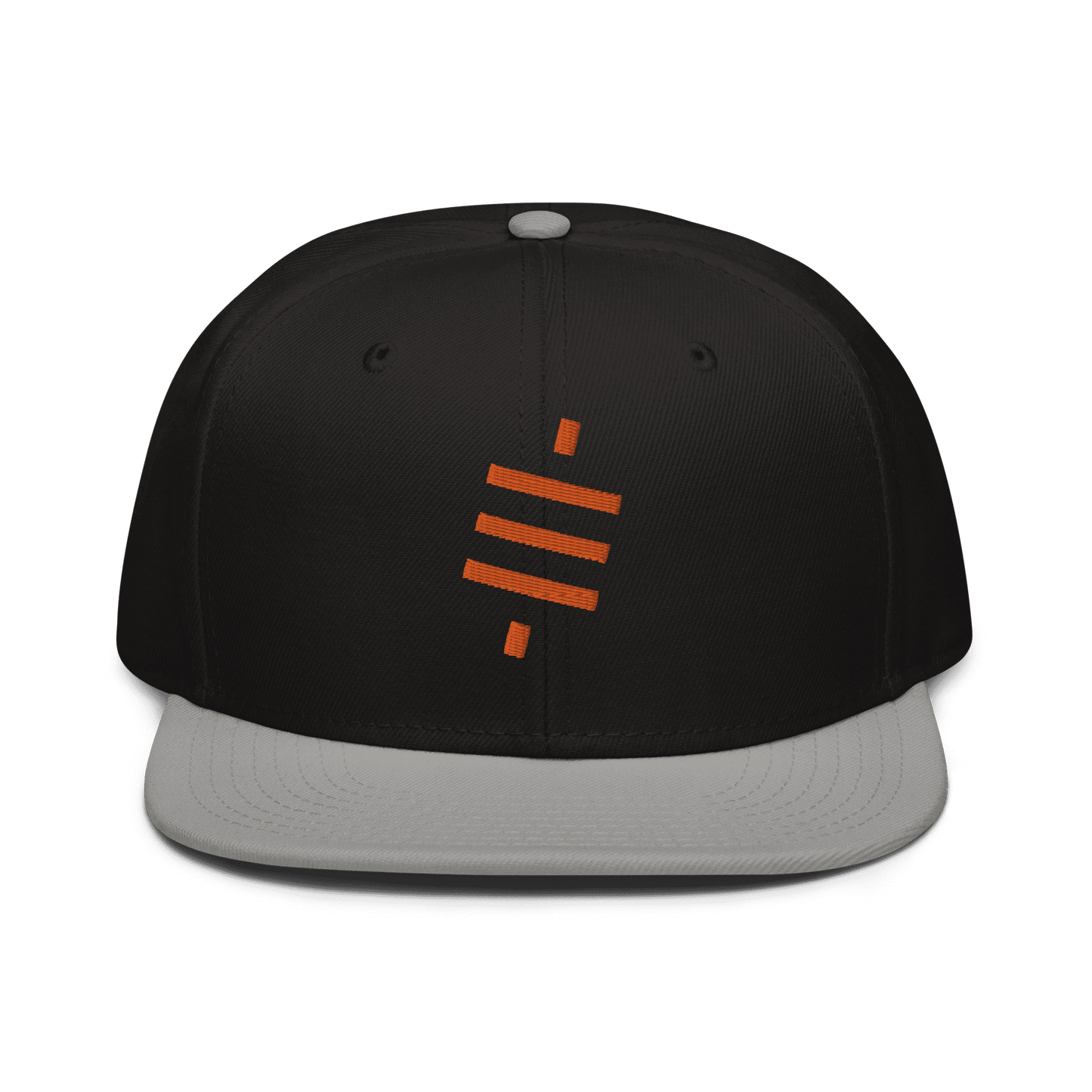 Front view of a black and grey bitcoin snapback hat.