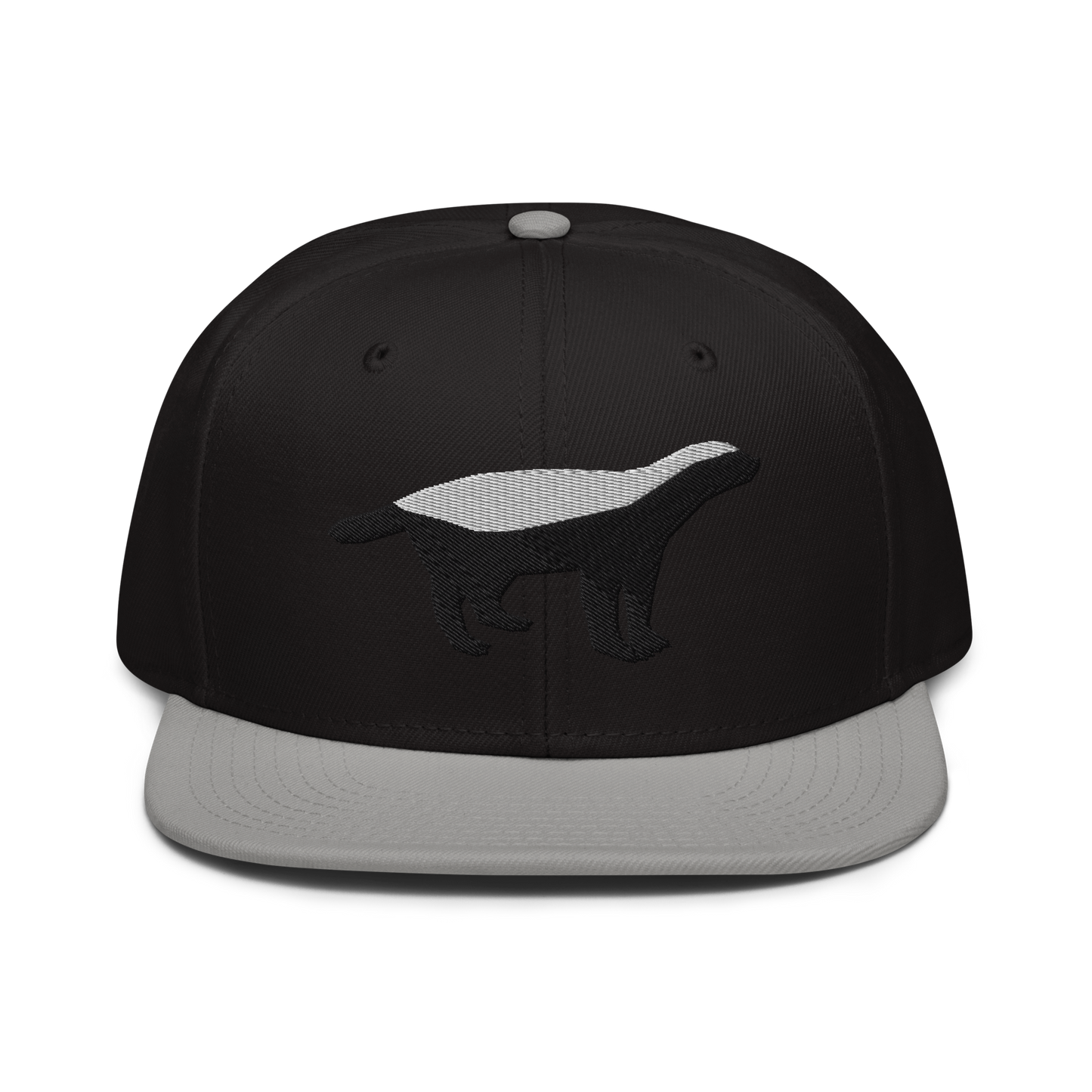 Front view of a black and grey bitcoin snapback hat.