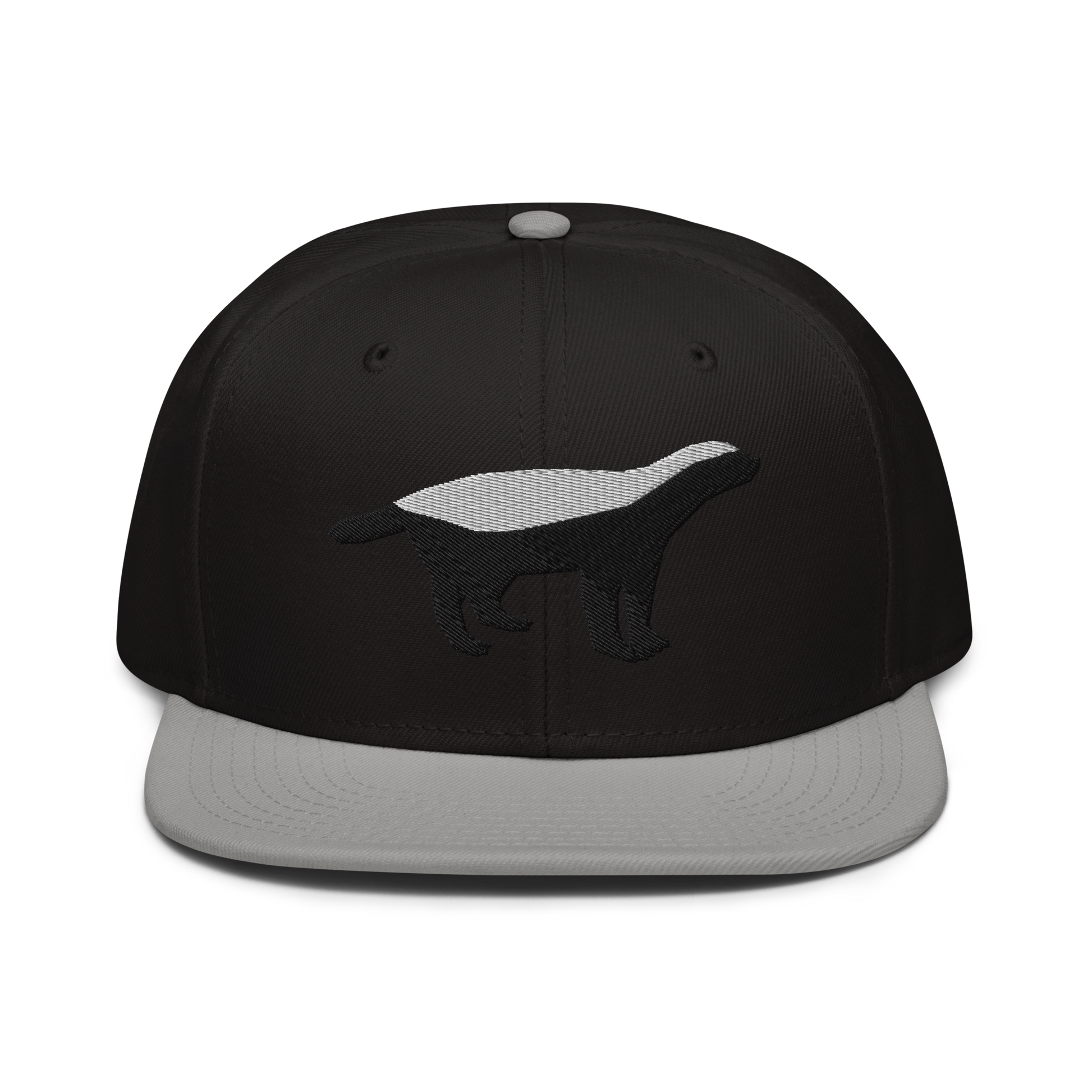 Front view of a black and grey bitcoin snapback hat.