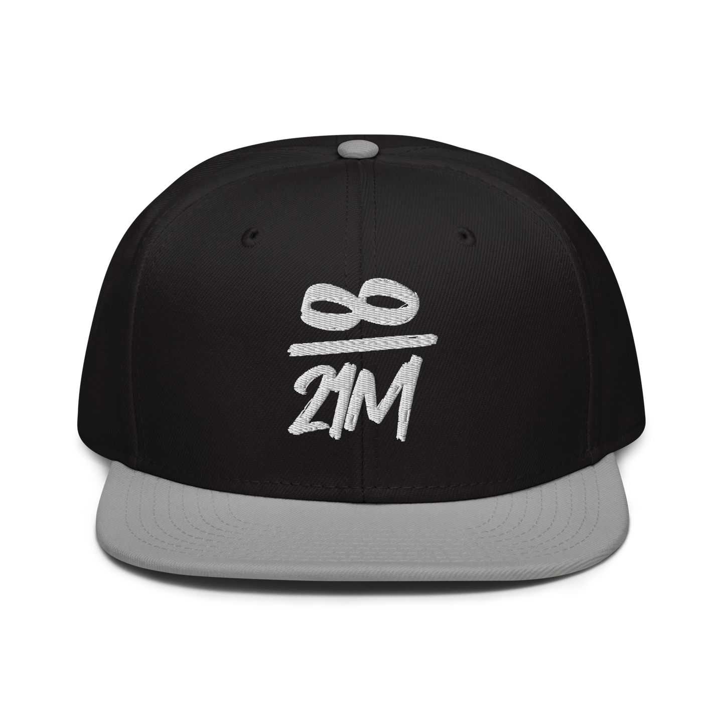 Front view of a black and grey bitcoin snapback hat.
