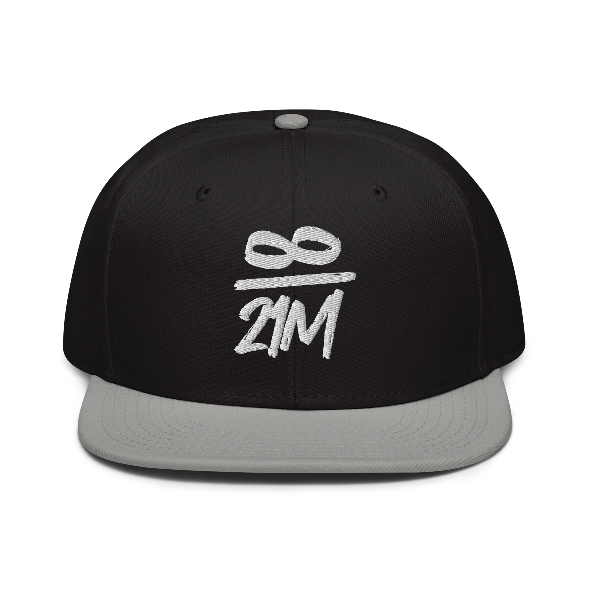 Front view of a black and grey bitcoin snapback hat.