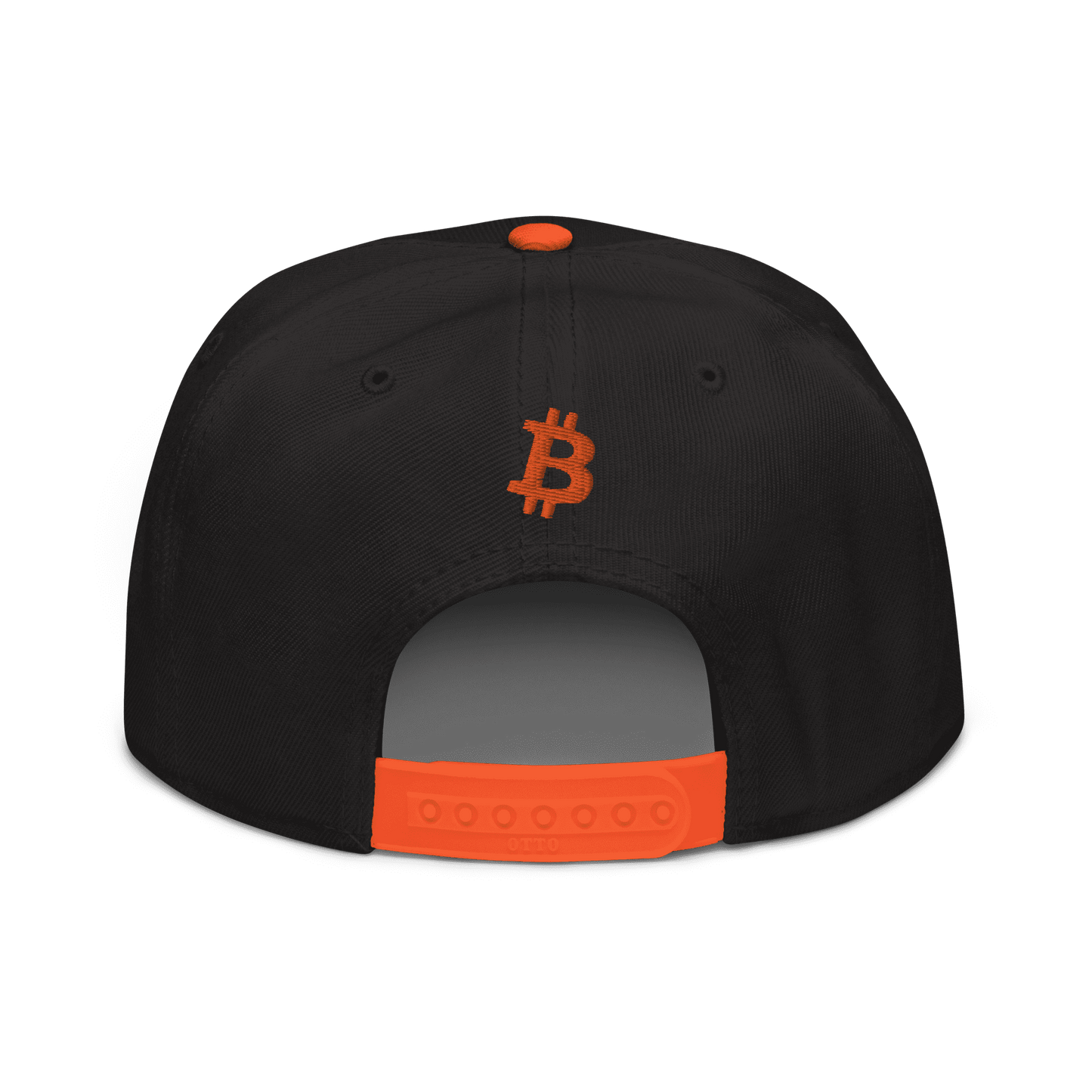 Back view of a black and orange bitcoin snapback hat.
