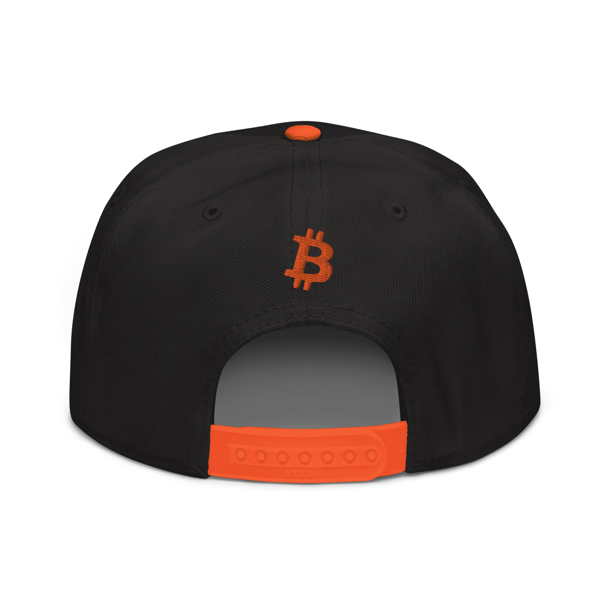 Back view of a black and orange bitcoin snapback hat.