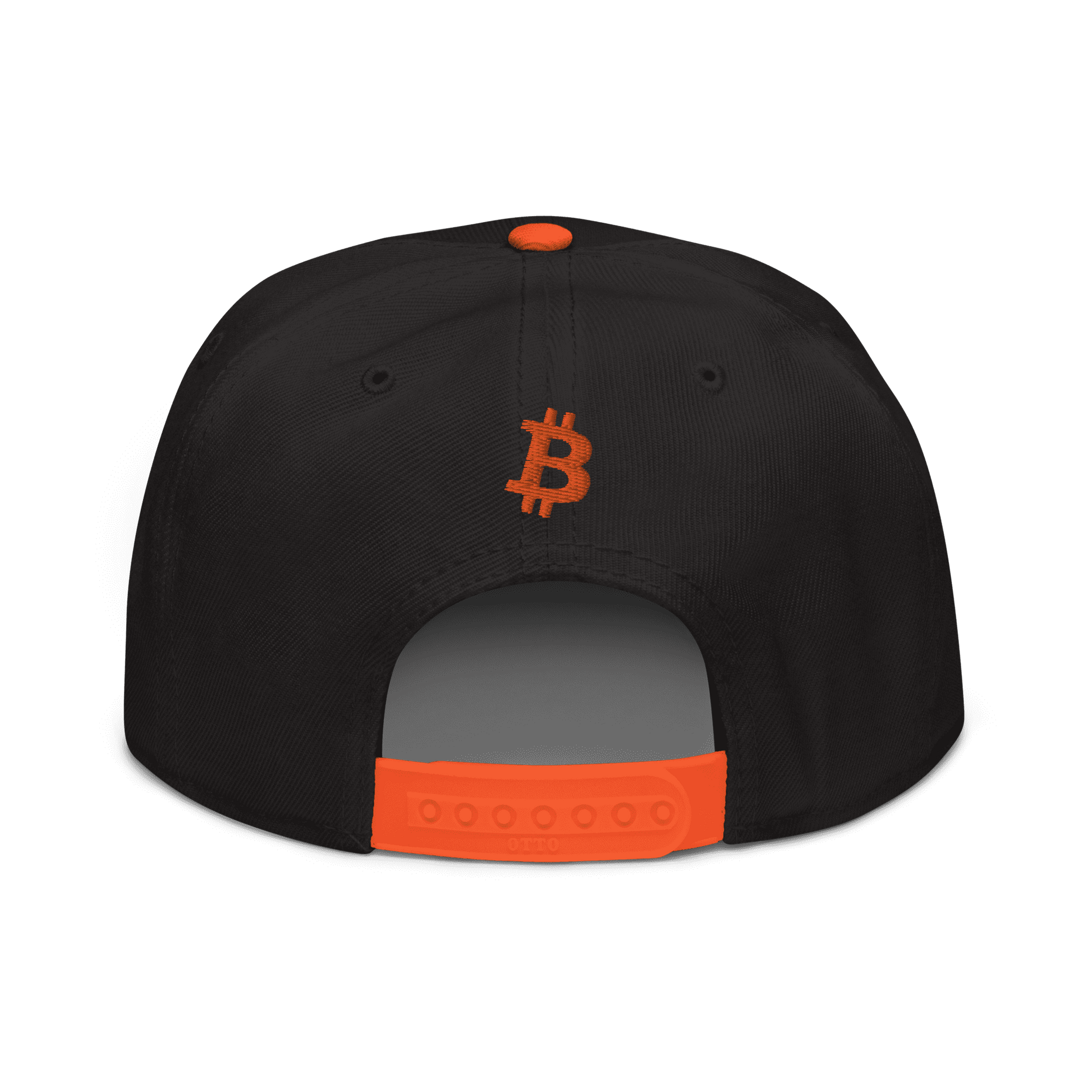 Back view of a black and orange bitcoin snapback hat.