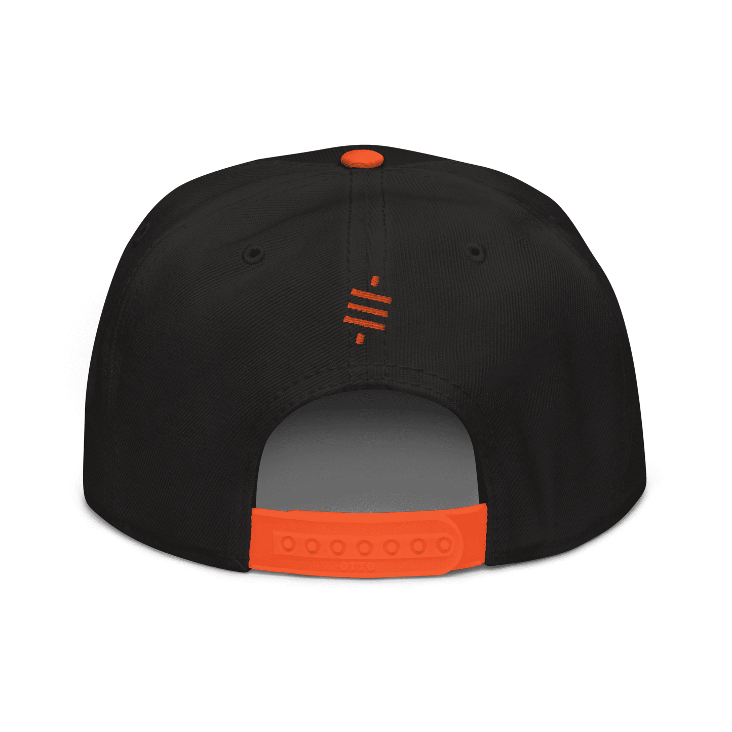 Back view of a black and orange bitcoin snapback hat.