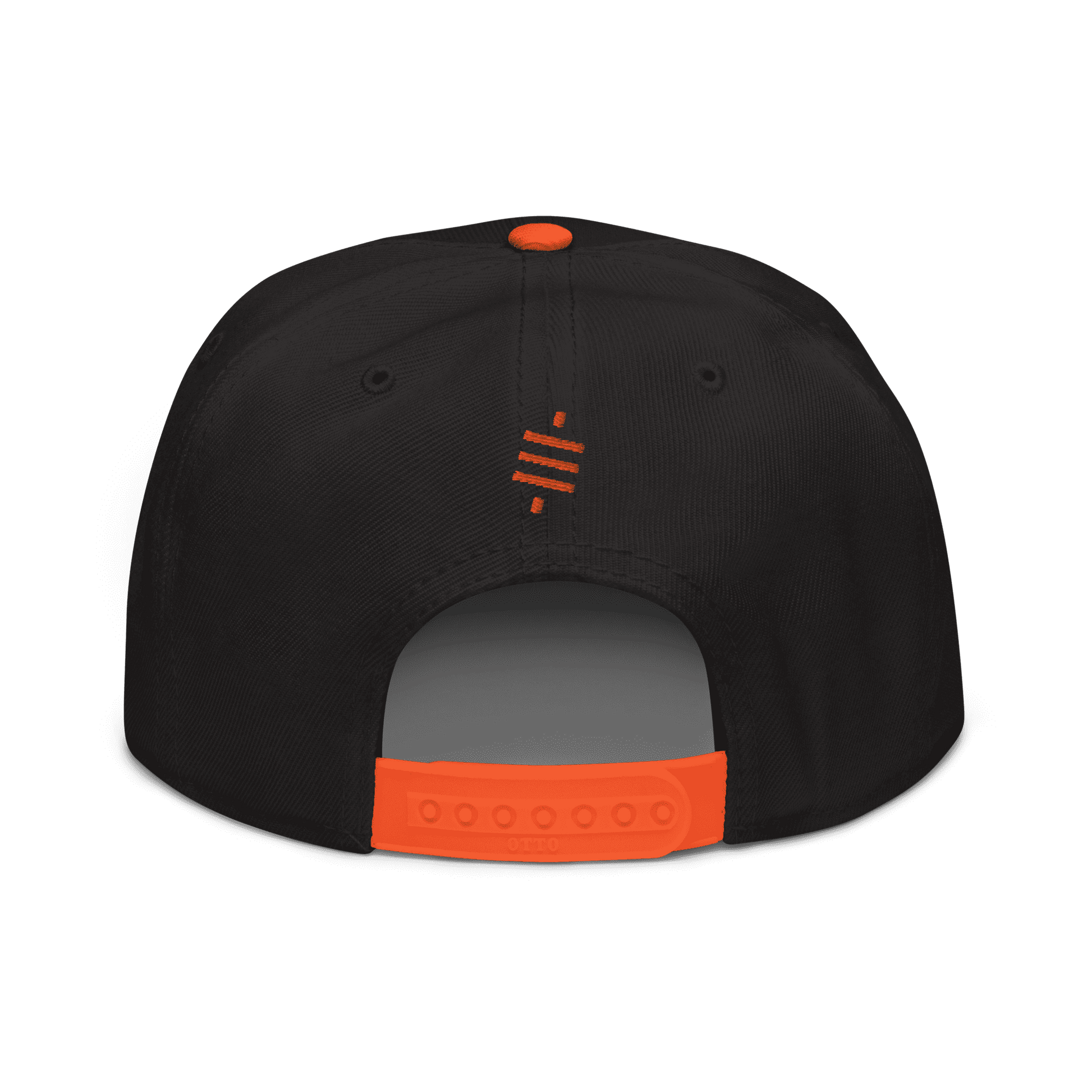 Back view of a black and orange bitcoin snapback hat.