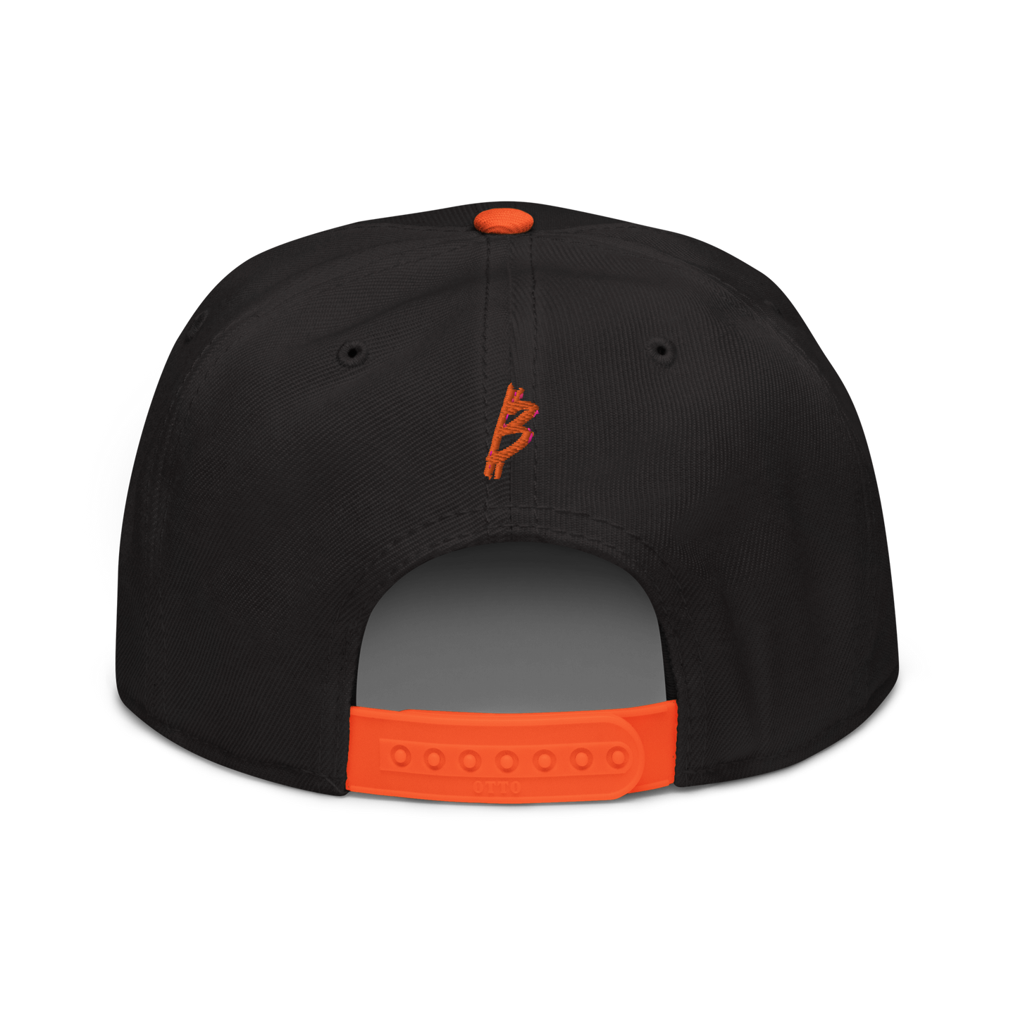 Back view of a black and orange bitcoin snapback hat.