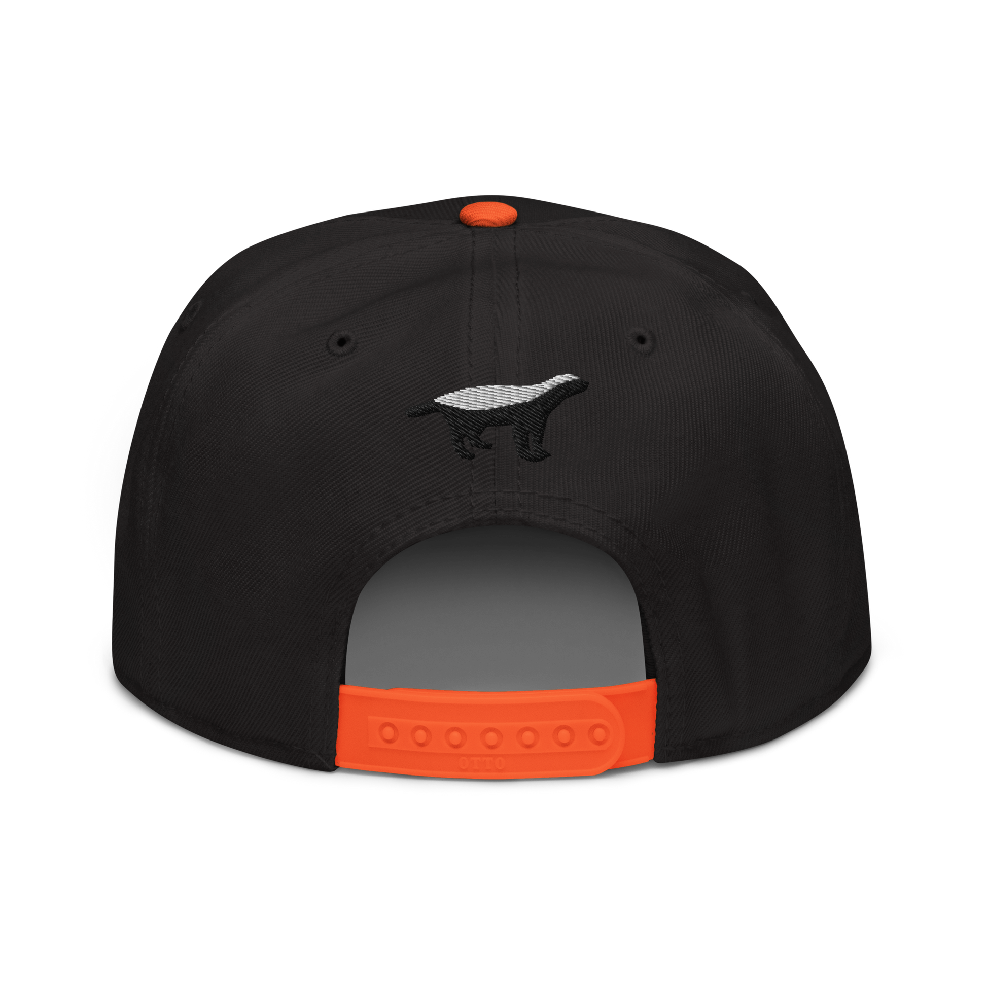 Back view of a black and orange bitcoin snapback hat.
