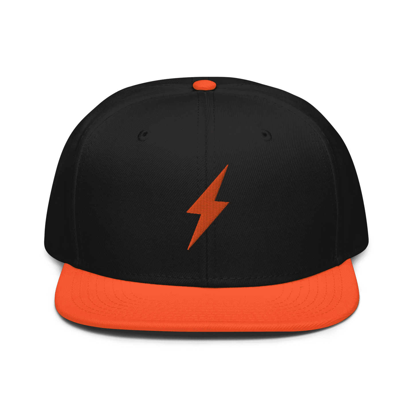 Front view of a black and orange bitcoin snapback hat.