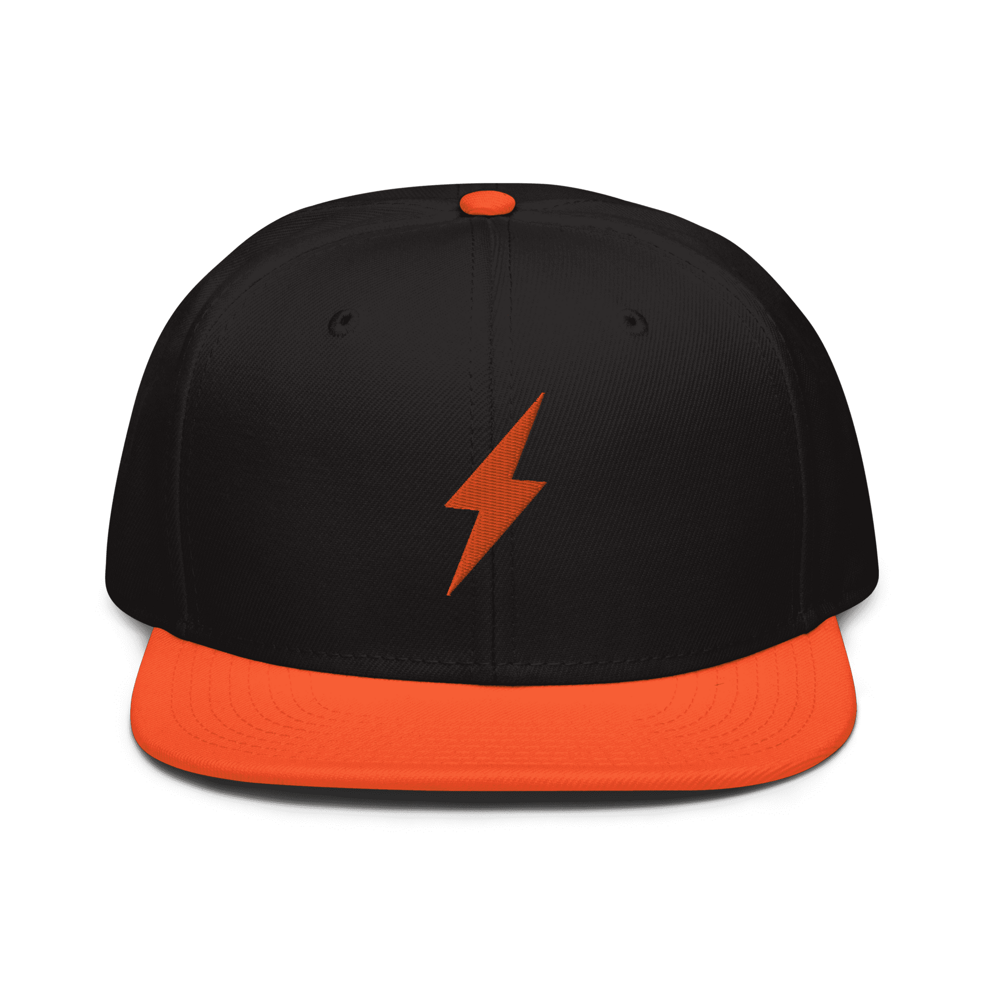Front view of a black and orange bitcoin snapback hat.