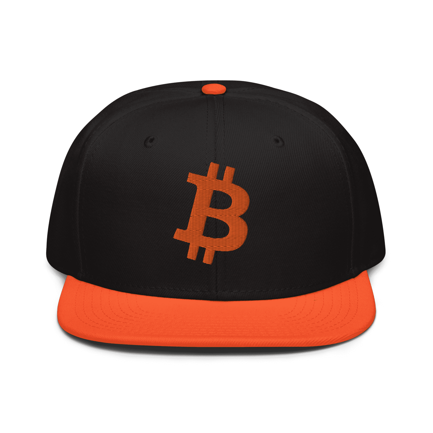 Front view of a black and orange bitcoin snapback hat.
