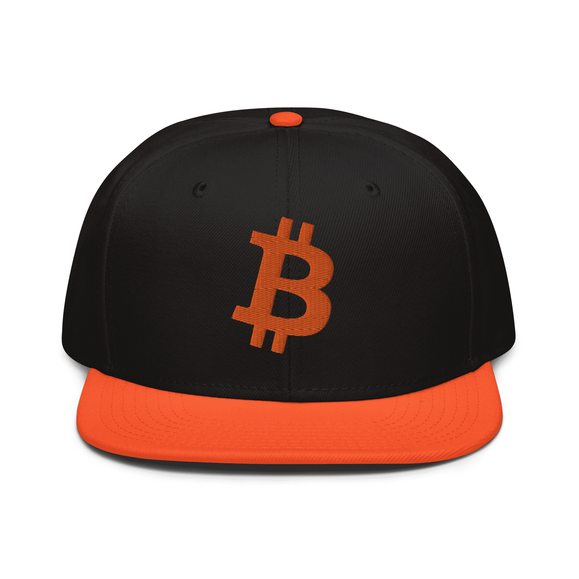 Front view of a black and orange bitcoin snapback hat.