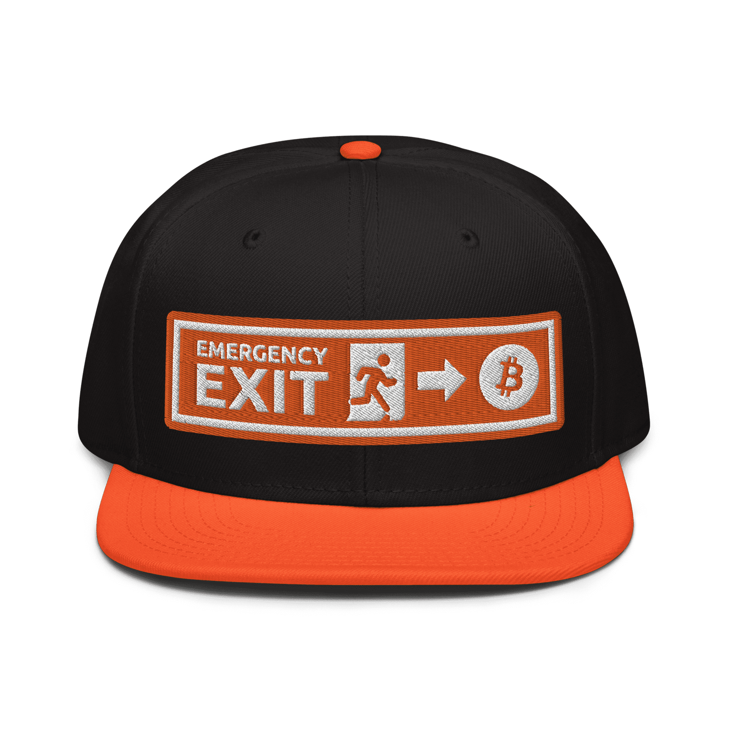 Front view of a black and orange bitcoin snapback hat.