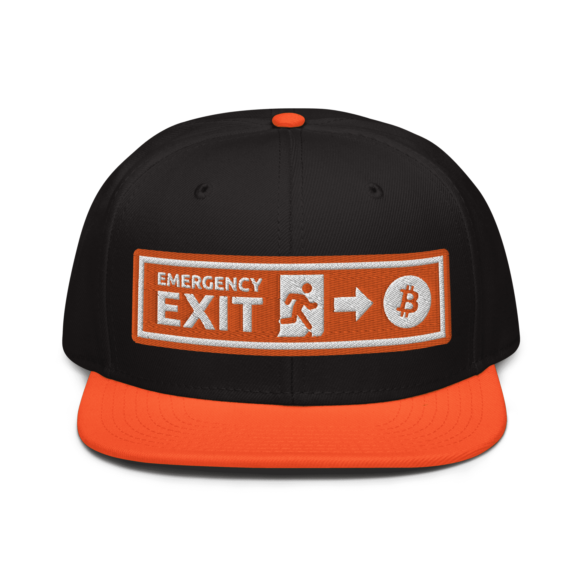 Front view of a black and orange bitcoin snapback hat.