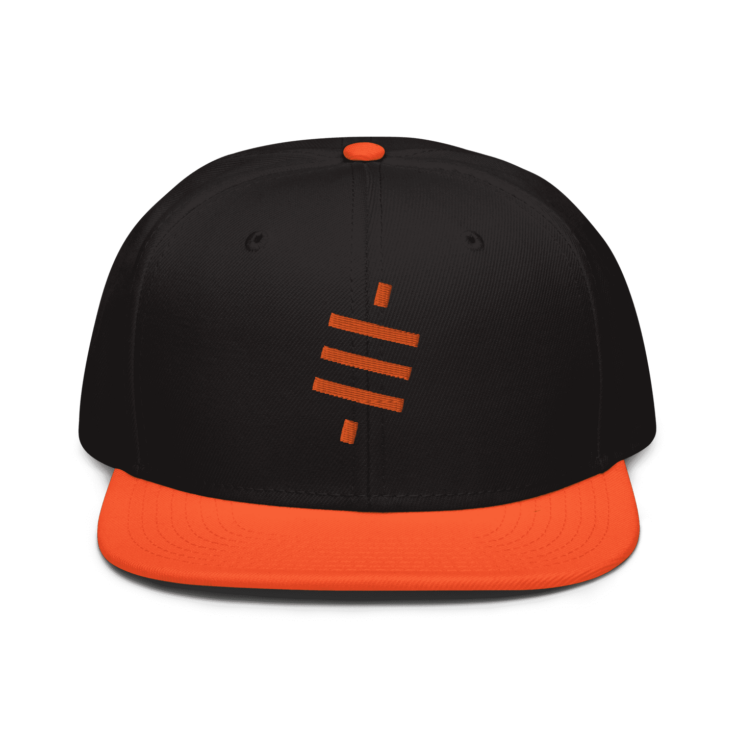 Front view of a black and orange bitcoin snapback hat.