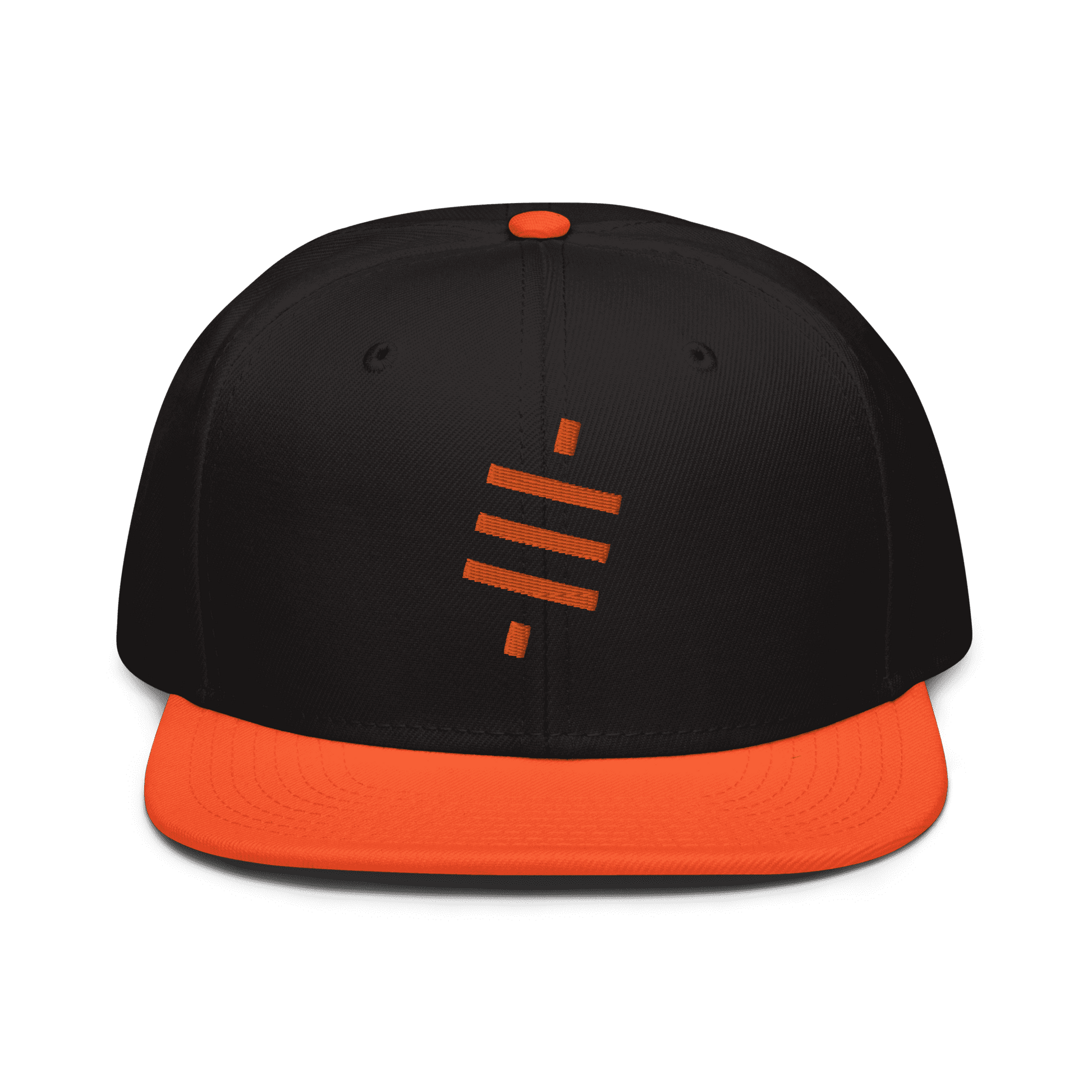 Front view of a black and orange bitcoin snapback hat.