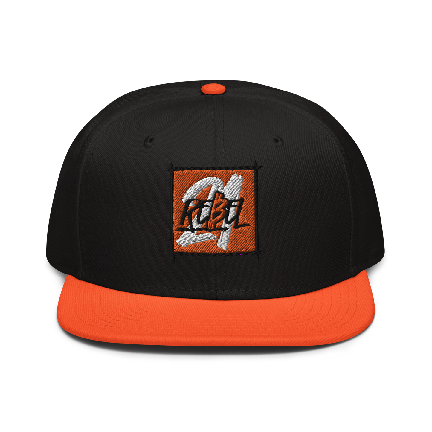 Front view of a black and orange bitcoin snapback hat.