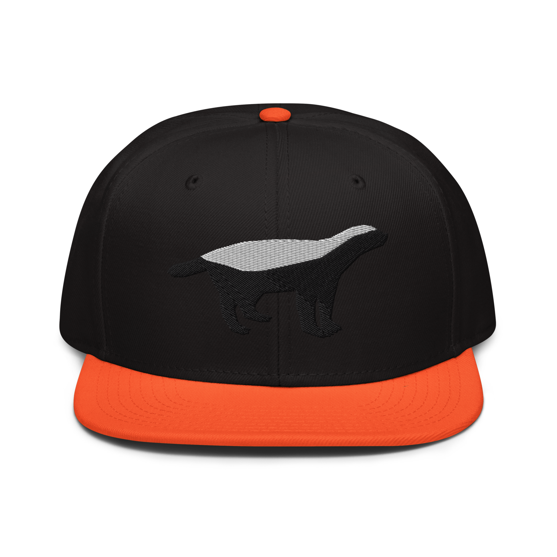 Front view of a black and orange bitcoin snapback hat.